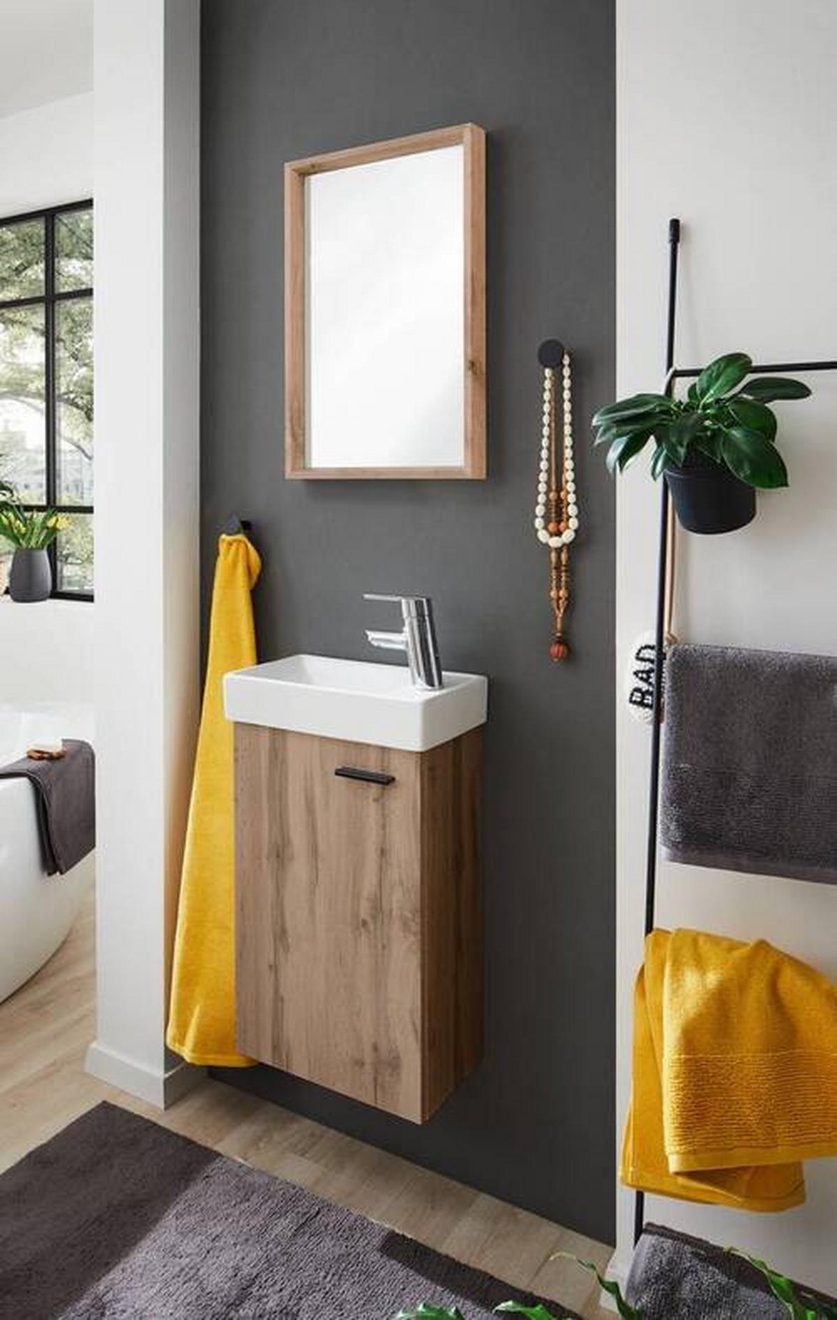 Hosťovská kúpeľňa AMY - divoký dub/biela, Modern, kompozitné drevo/sklo (41/165/23cm) - Mömax