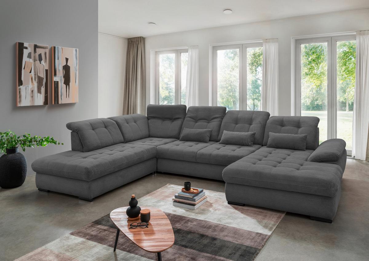 Wohnlandschaft mit Bettkasten Rigatti Grau B: 387 cm - Schwarz/Grau, MODERN, Textil (252/387/184cm) - Livetastic