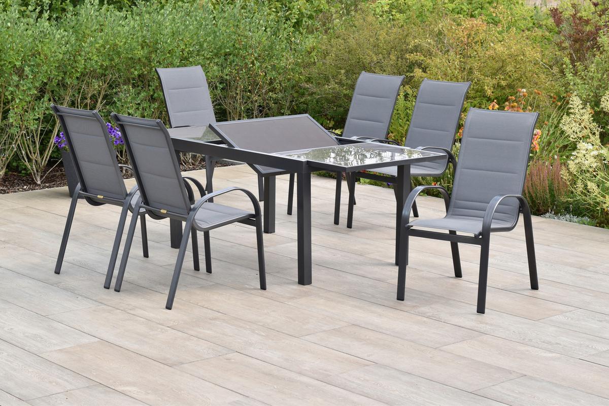 Gartentischgruppe Amalfi 7 -Teilig. Graphitfarben/Grau - Graphitfarben/Braun, KONVENTIONELL, Glas/Textil - Gardenson