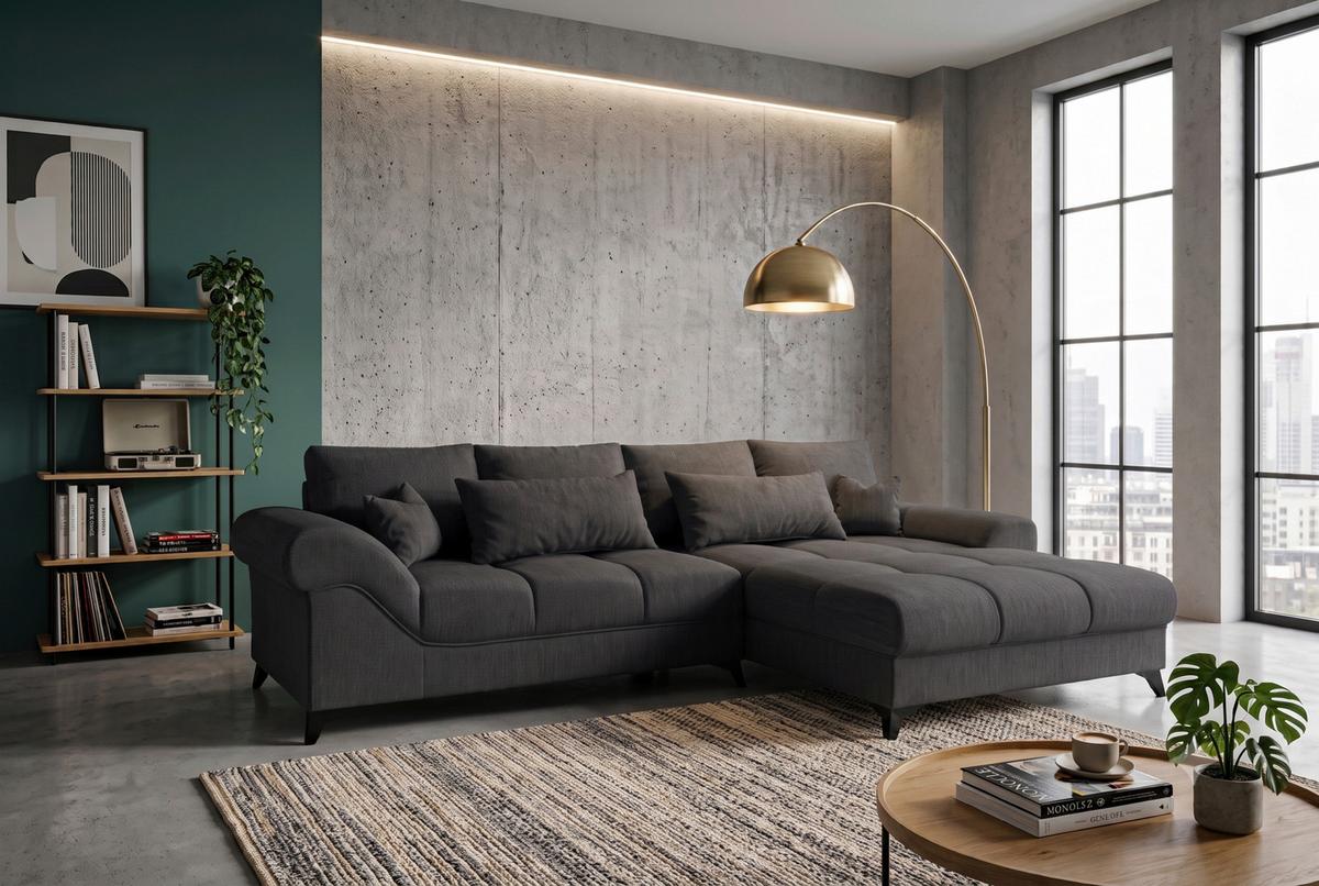 Rohová sedačka NOAH, obojstranná, grafitová - čierna/grafitová, Modern, kompozitné drevo/textil (295/195cm) - Mömax