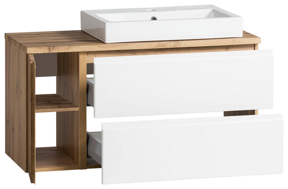 Waschbecken mit Unterschrank Varese B: 150 cm Eiche/Weiß - Eiche Wotan/Weiß, MODERN, Keramik/Holzwerkstoff (105cm) - Held