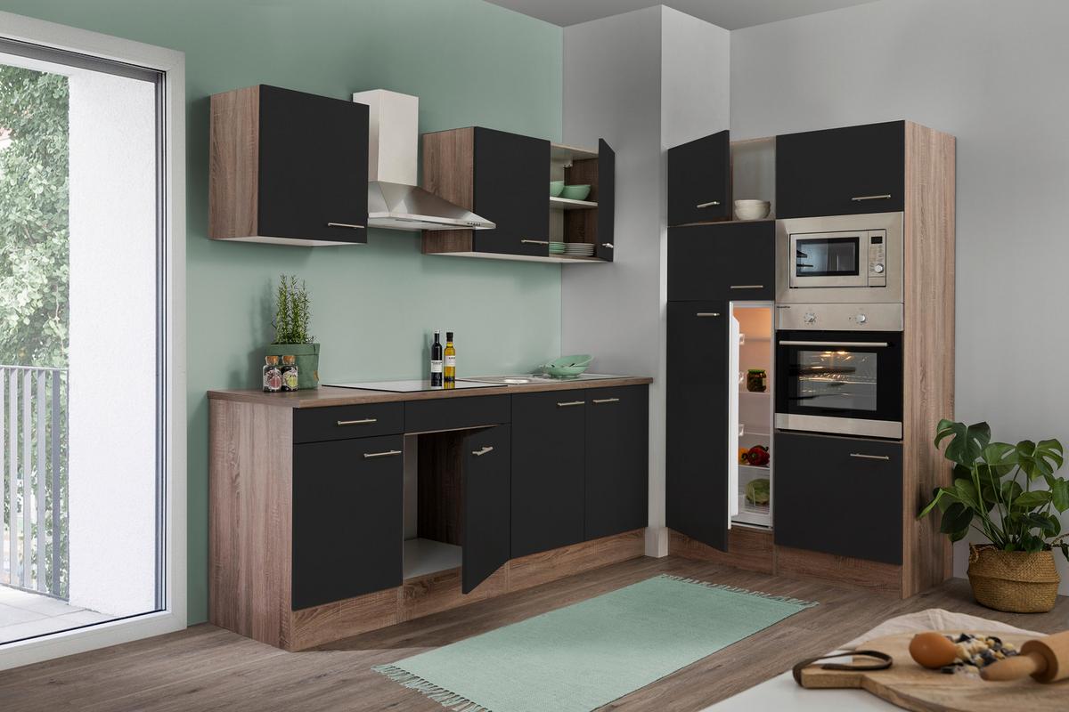 Küchenzeile ohne Geräte B: 330 cm Schwarz/Eiche Dekor - Eichefarben/Schwarz, Basics, Holzwerkstoff (330cm) - Respekta