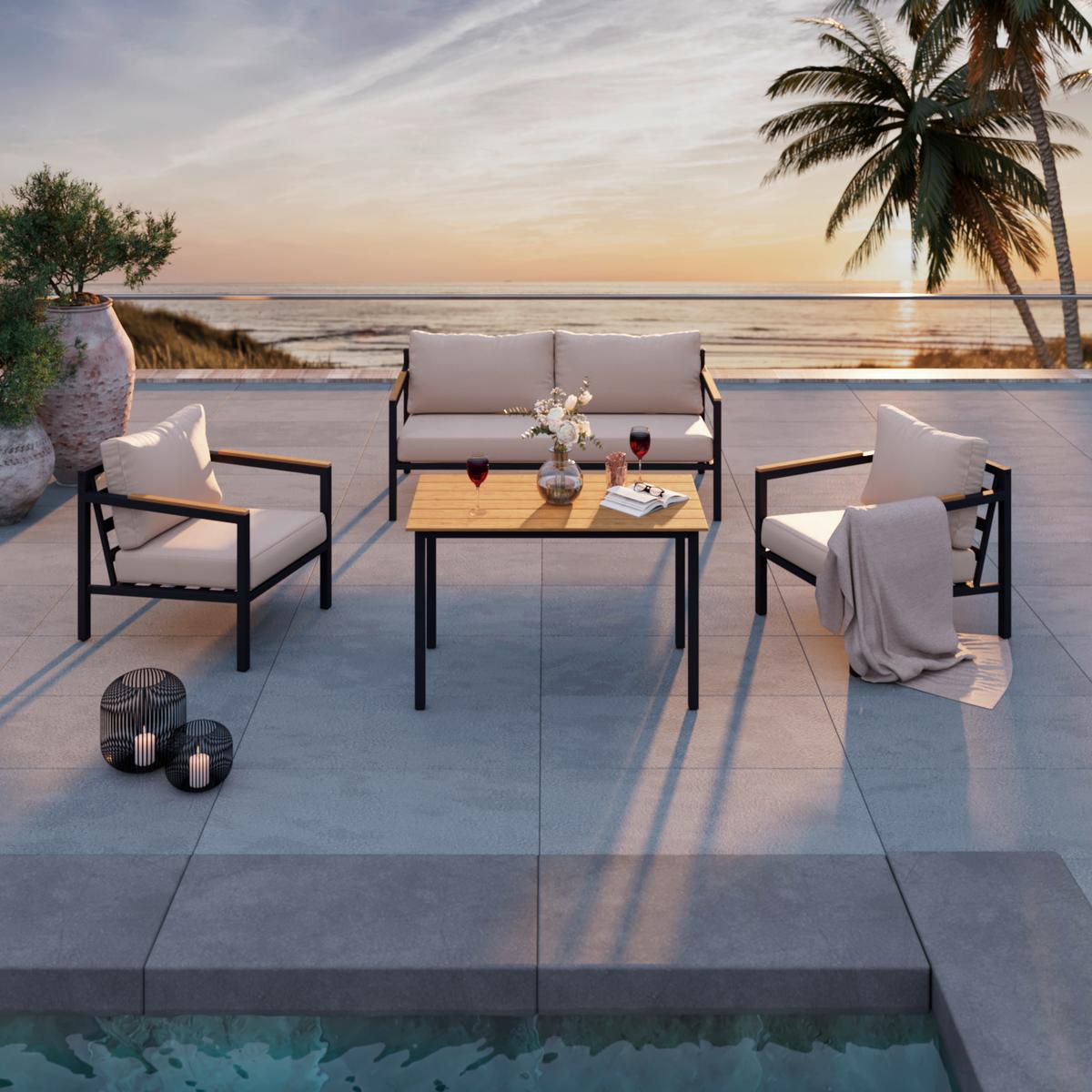 Loungegarnitur Dallas - Dunkelgrau/Beige, MODERN, Kunststoff/Textil - Beldano