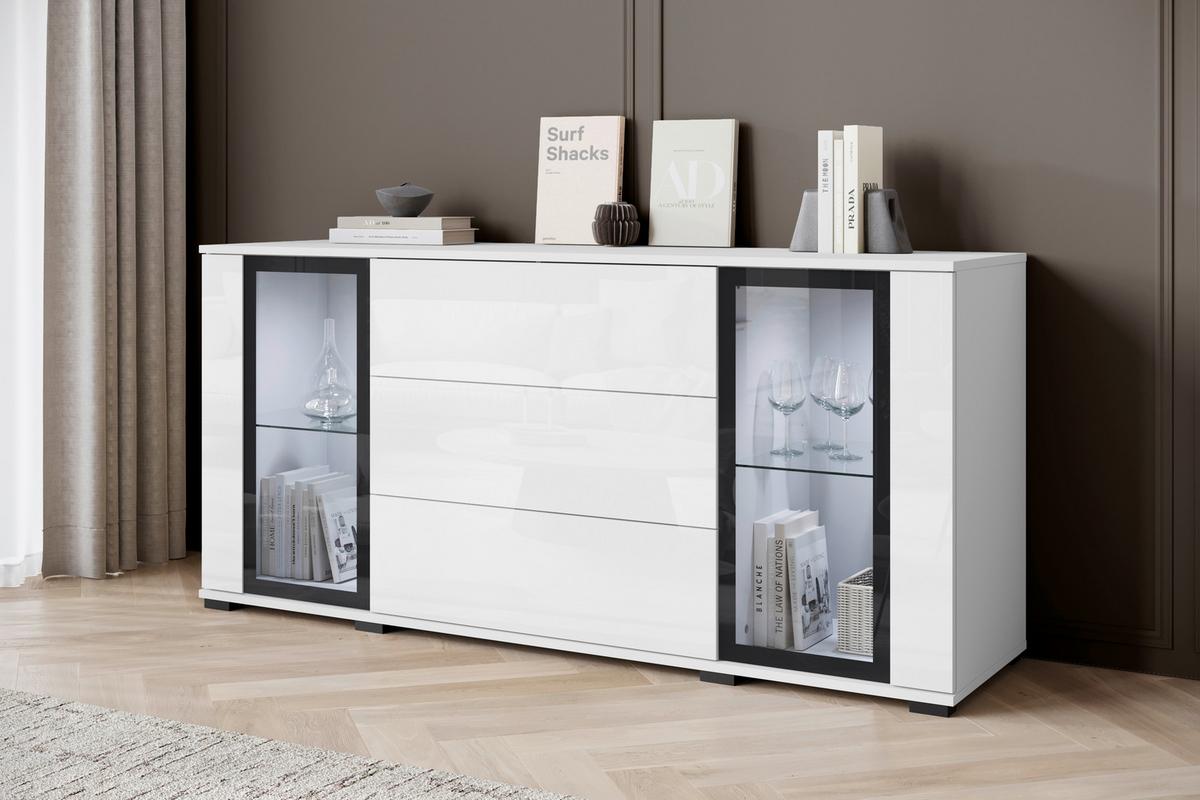 Kommode Caro Weiß B: 150 cm - Weiß Hochglanz/Schwarz, Design, Glas/Holzwerkstoff (150/69,7/39,5cm) - Livetastic