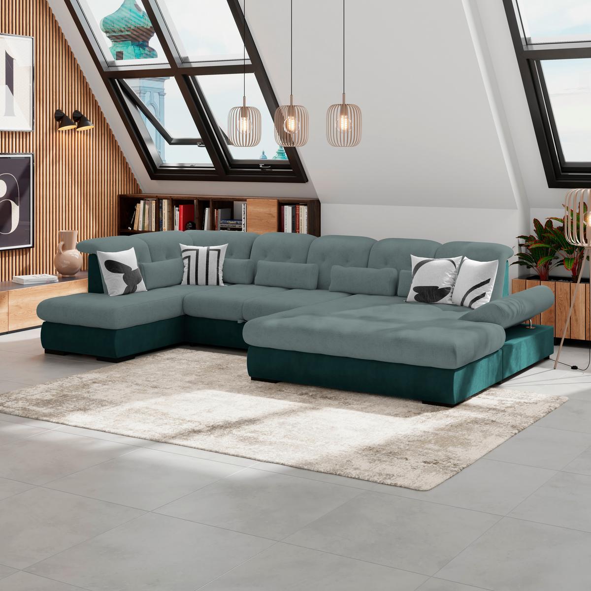 Wohnlandschaft Madera Mit Schlaffunktion Grün - Türkis/Blau, KONVENTIONELL, Kunststoff/Textil (212/358/190cm)