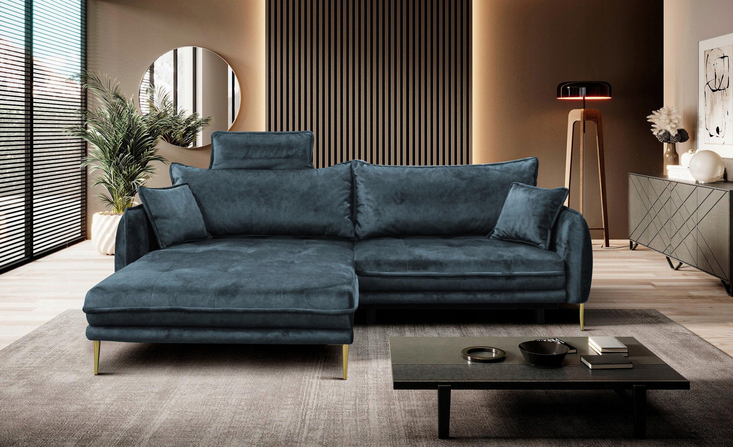 Ecksofa Whisper Blau S: 196x264 cm - Blau/Goldfarben, Design, Textil (196/264cm) - MID.YOU