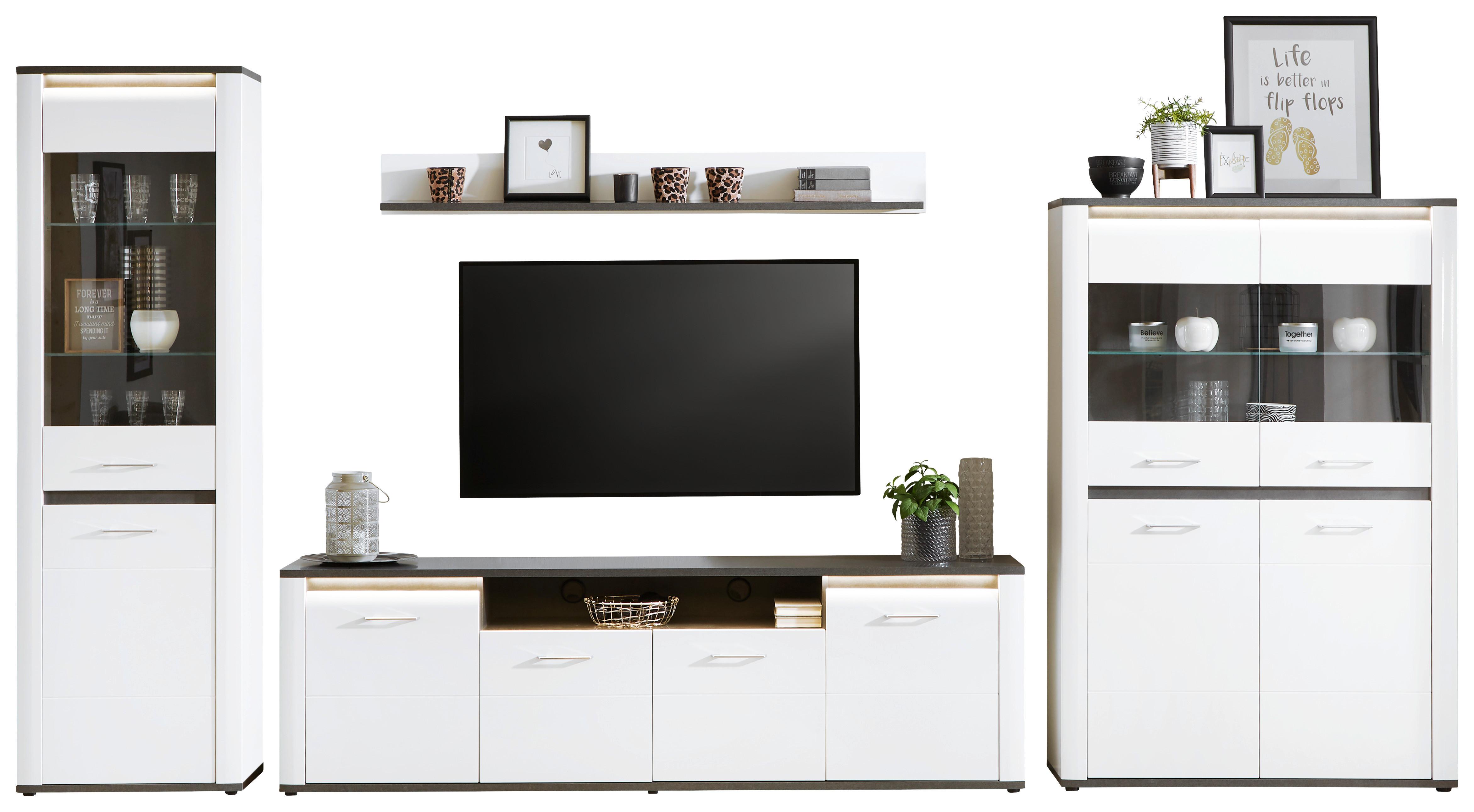 Wohnkombination Modern 4 -teilig. Mit Led Alassio 3, Weiß/matera