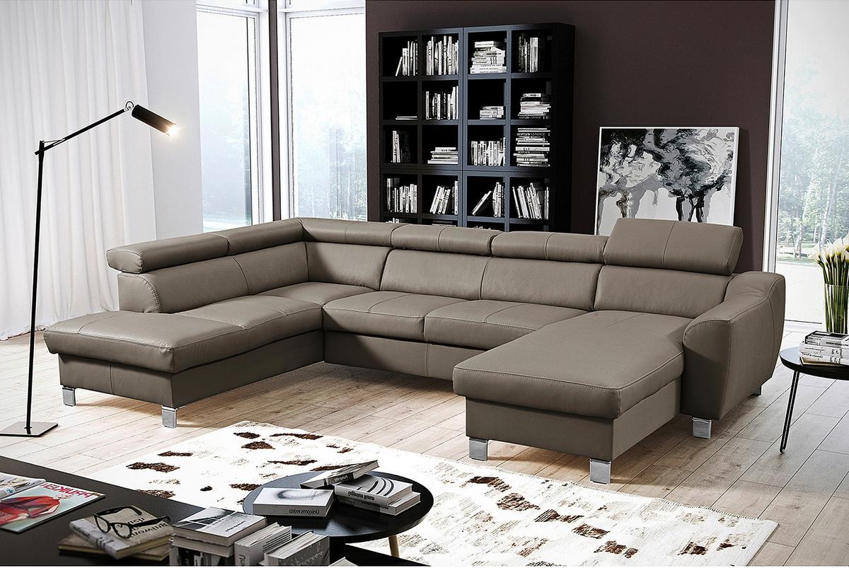 Wohnlandschaft Aspen Taupe U-Form: 208 cm - Taupe/Chromfarben, Design, Leder/Textil (208/315/175cm) - Livetastic