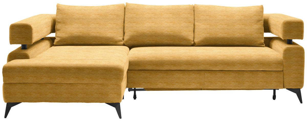 Rohová sedačka ROSALIE, levá s úložným priestorom a lôžkom - curry žlutá/černá, Konvenční, kov/textil (184/265cm)