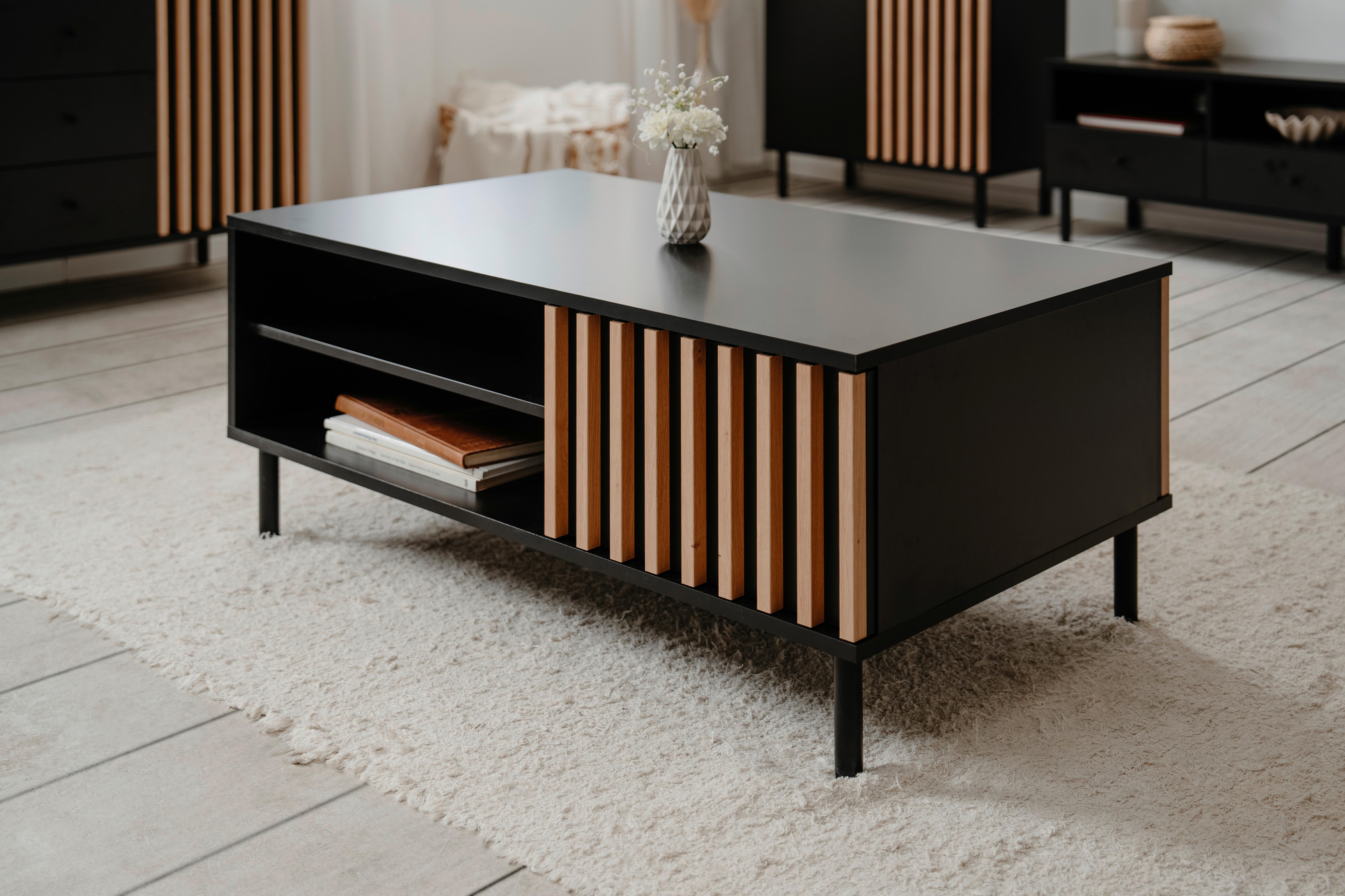 Couchtisch Monza 55a - Schwarz/Eiche Artisan, Design, Holzwerkstoff/Metall (110,5/67/47cm) - Livetastic