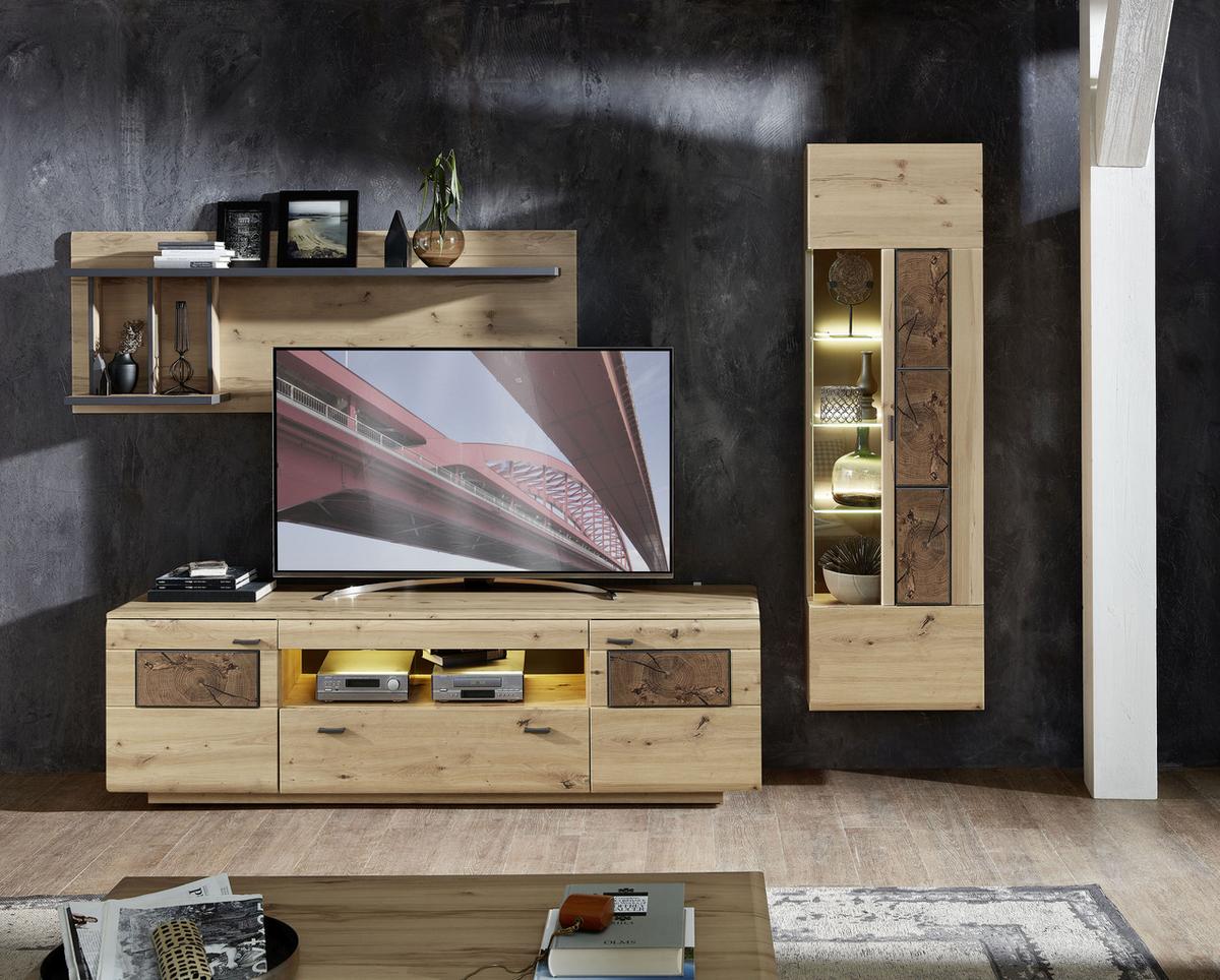Wohnwand Madera II 40a6hh82 - Eichefarben/Graphitfarben, MODERN, Glas/Holzwerkstoff (285/193/47cm) - Livetastic