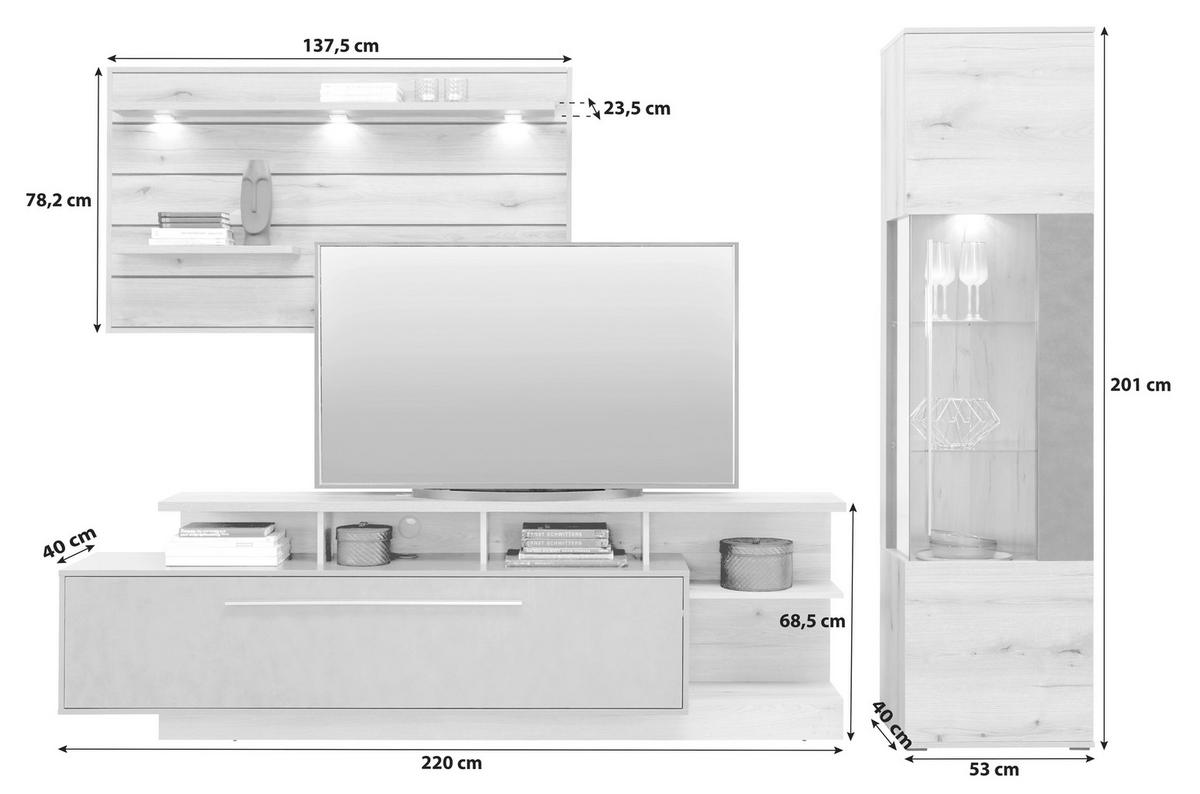 Wohnkombination Modern 3-Tlg. Limit Matera/Eiche Dekor - MODERN, Glas/Holzwerkstoff (273/201/40cm)