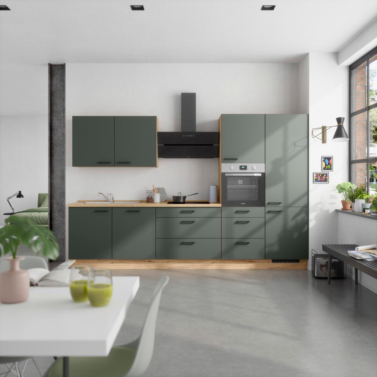 Kuchyňská linka 330 cm, minerální zelená,ultra matná - barvy dubu/černá, Moderní, kov/kompozitní dřevo (330cm) - Nobilia