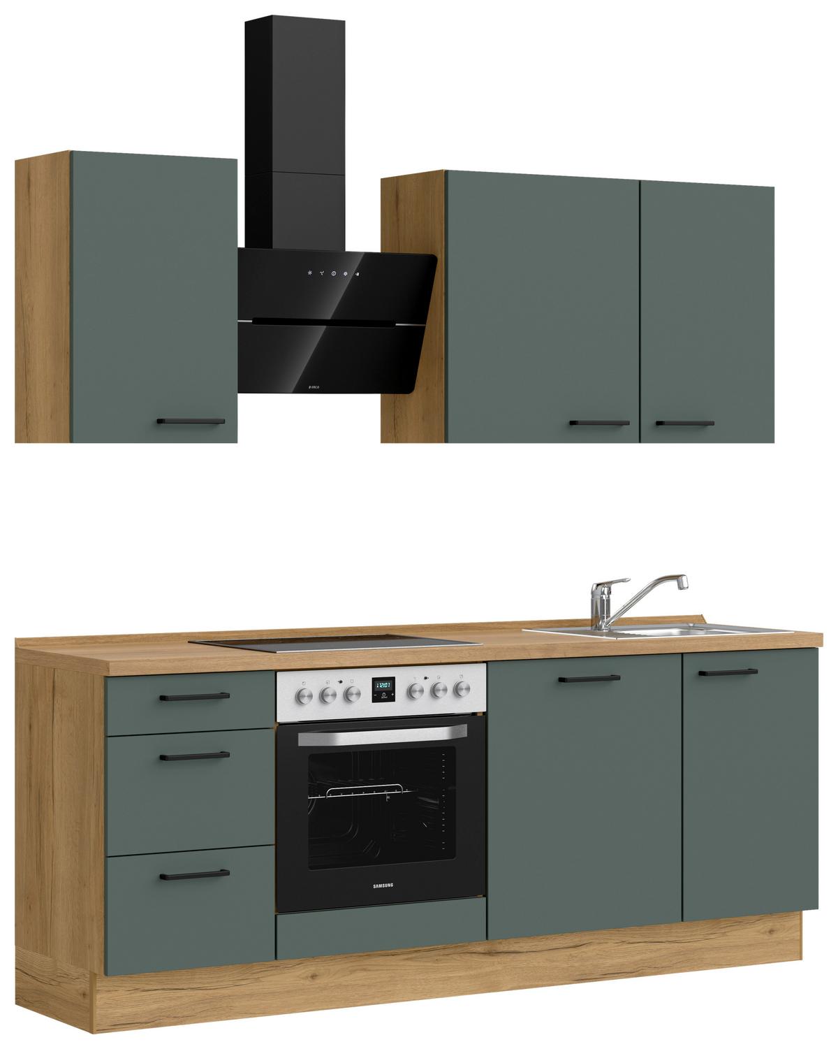 Kuchyňská linka 210 cm, minerální zelená,ultra matná - barvy dubu/černá, Moderní, kov/kompozitní dřevo (210cm) - Nobilia