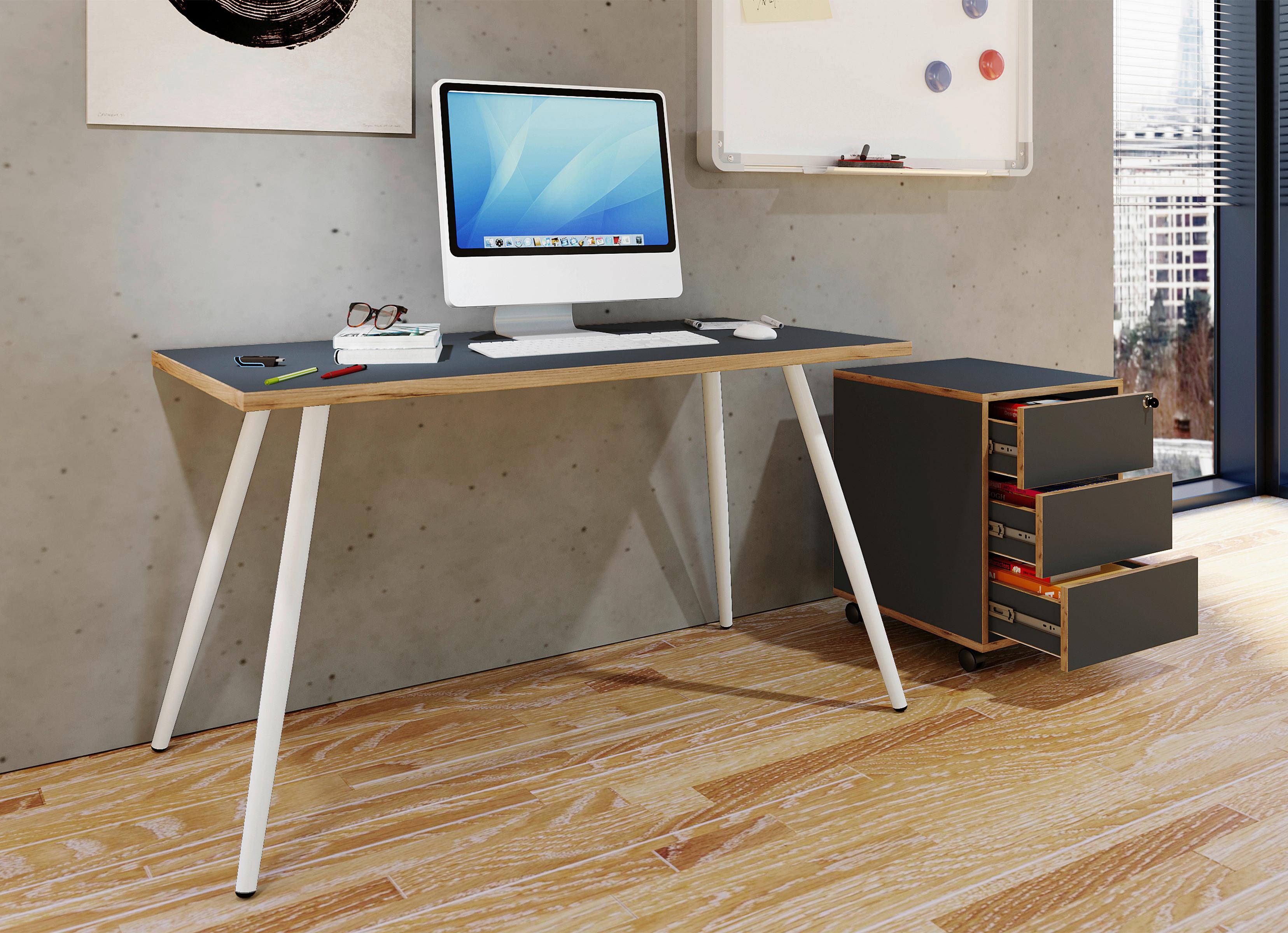 Schreibtisch Anthrazit/Eiche Dekor L:110 cm - Honigeiche/Anthrazit, Design, Holzwerkstoff/Metall (110/50/70cm) - MID.YOU