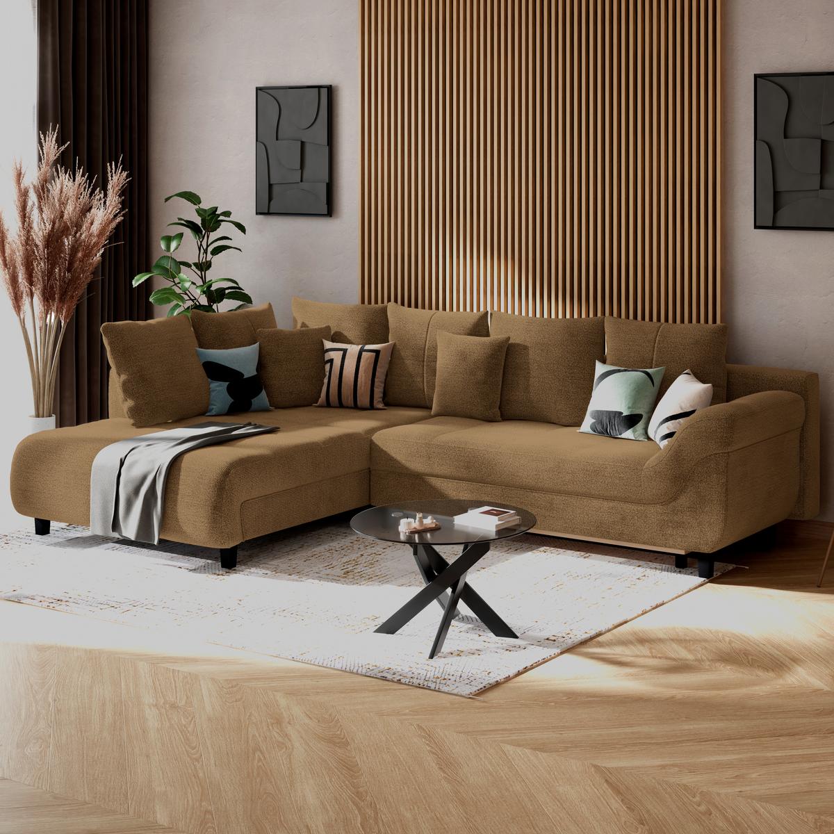 Ecksofa Mit Schlaffunktion Mendoza New Chenille 197x309cm - Rostfarben/Schwarz, KONVENTIONELL, Textil (197/309cm) - Ondega