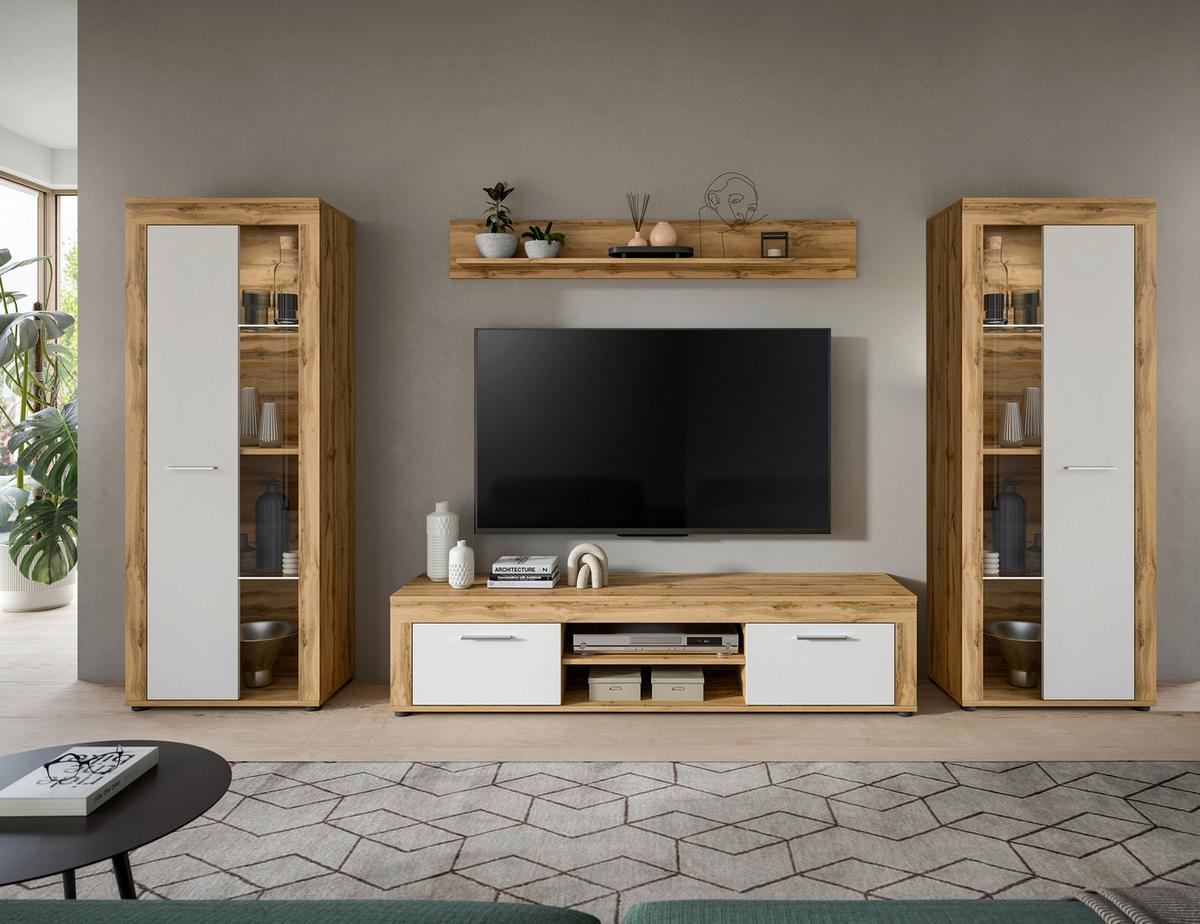 Wohnwand Jam Eiche Wotan Dekor B: 310cm - Eiche Wotan/Schwarz, Design, Glas/Holzwerkstoff (310/159/35cm) - MID.YOU