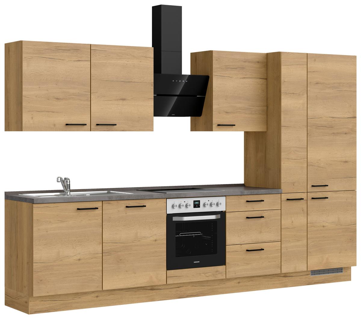 Kuchynská linka 330 cm, dub Sierra - čierna/farba duba, Modern, kov/kompozitné drevo (330cm) - Nobilia