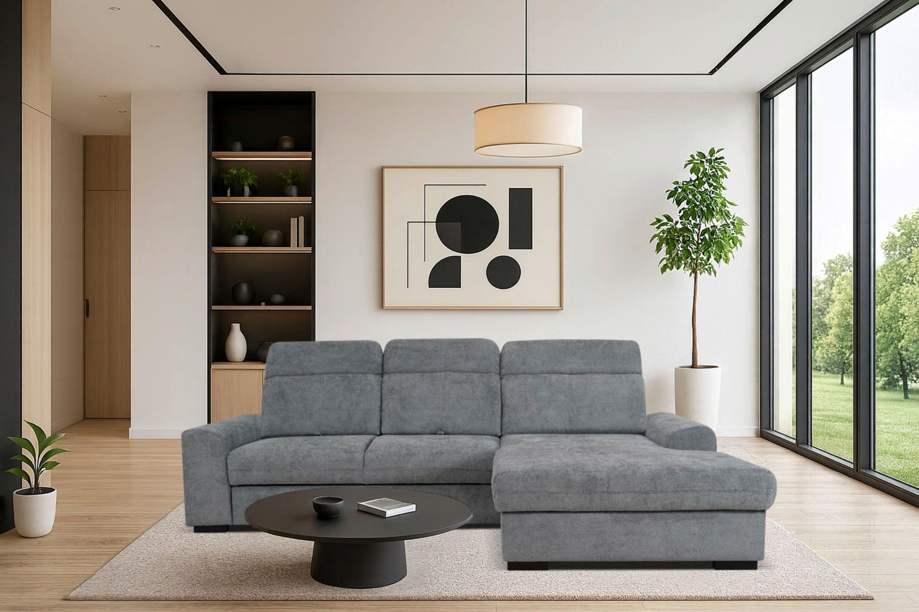 Ecksofa Malaga New Chenille Grau, Lf: 229x137cm - Schwarz/Grau, KONVENTIONELL, Textil (286/203cm) - Ondega