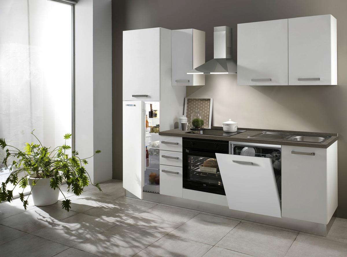 Küchenzeile Belluna mit Geräten 255 cm Weiß/Eiche Elegant - Eiche dunkel/Alufarben, Basics, Holzwerkstoff/Kunststoff (255cm) - MID.YOU