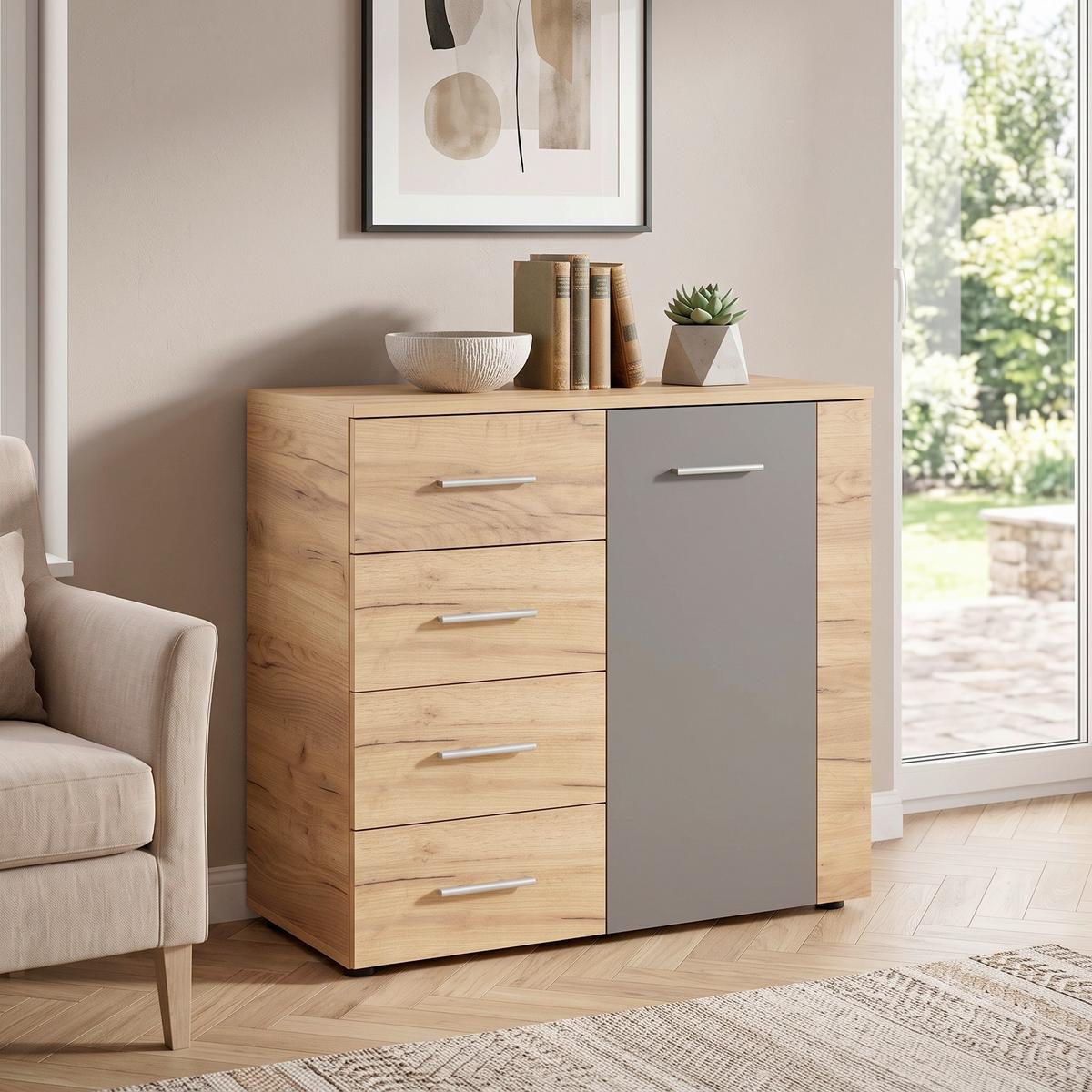 Kommode B 88cm Uno, Kraft Eiche Dekor/Lavagrau - Eichefarben/Grau, MODERN, Holzwerkstoff (88/80/40cm)