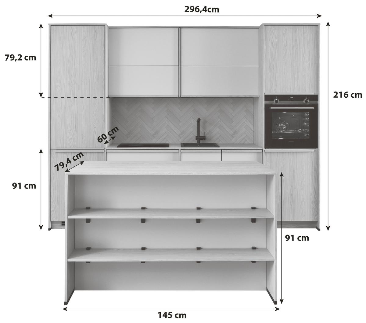 KÜCHENBLOCK SOFIA/SINGAPUR - Sandfarben/Eichefarben, LIFESTYLE, Holzwerkstoff (296,4cm) - Vertico