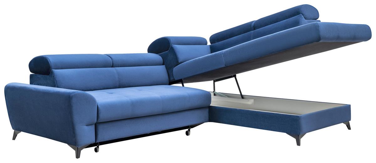 Ecksofa Mit Bettkasten Swan + Bettfunktion Blau Velours - Blau/Schwarz, MODERN, Textil (272/212cm) - MID.YOU