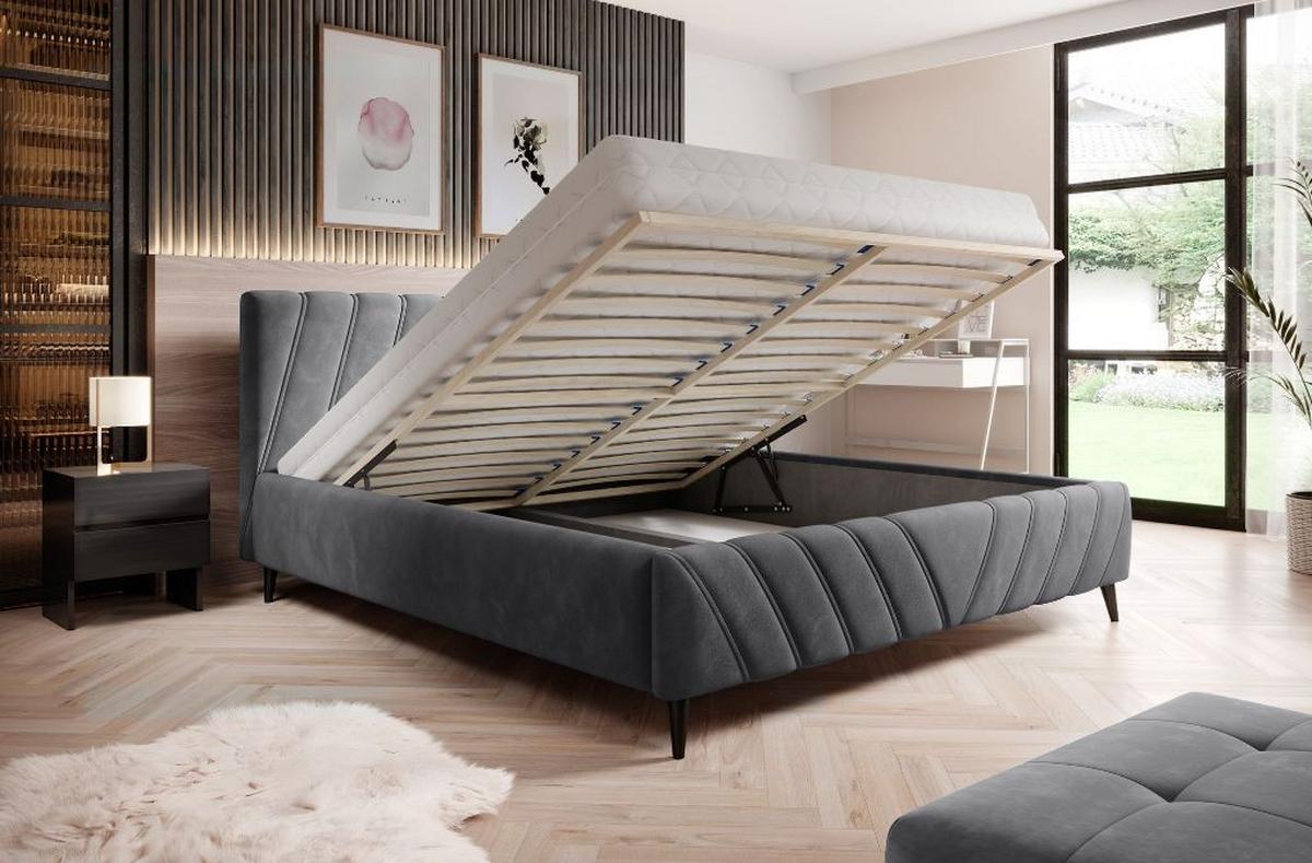 Manželská posteľ s roštom Melli, 140x200, sivá - čierna/sivá, Design, drevo/textil (140/200cm)
