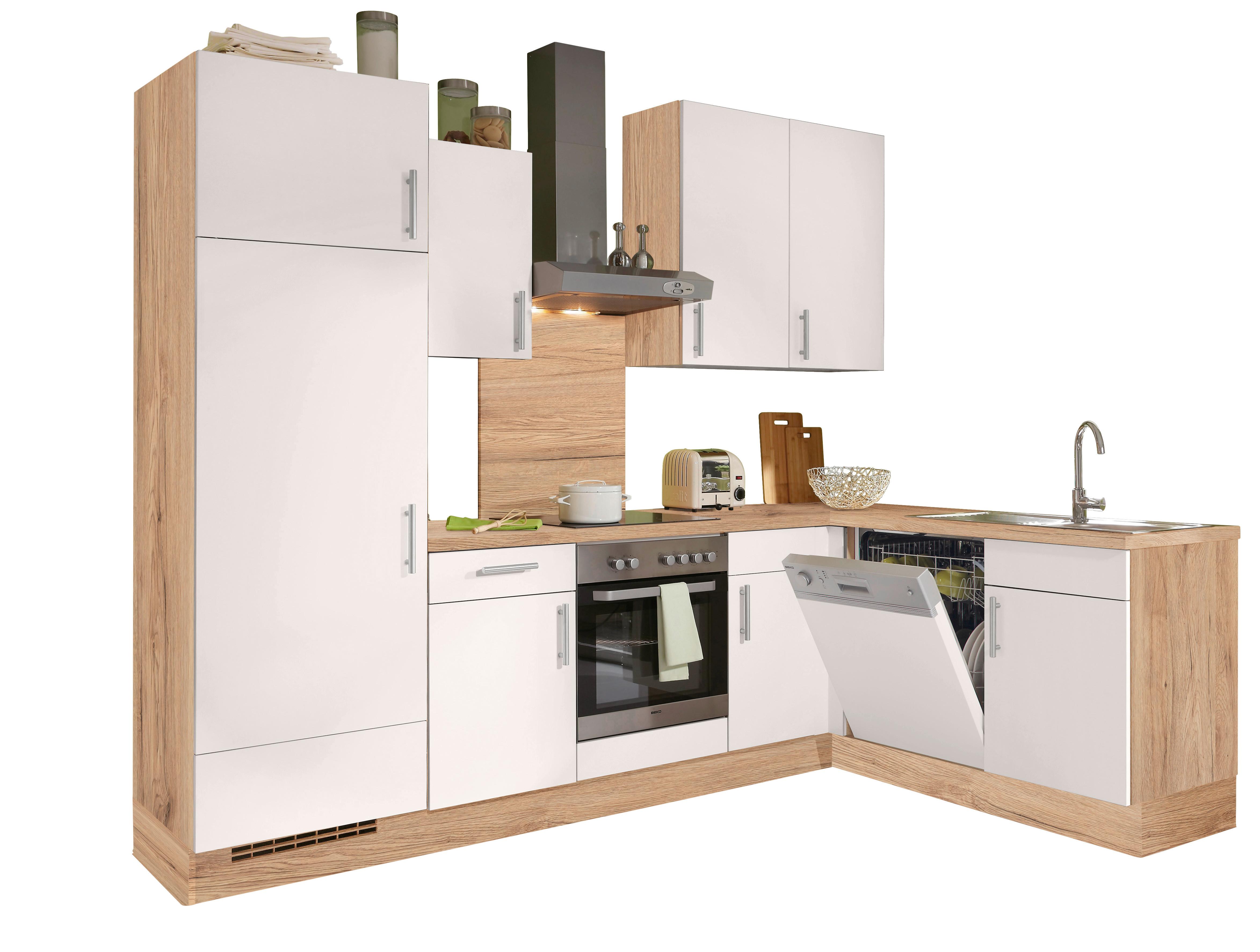 Eckküche Santiago mit Geräten 275x175 cm Weiß/Eiche Dekor - Eichefarben/Weiß, LIFESTYLE, Holzwerkstoff (275/175cm) - Vertico