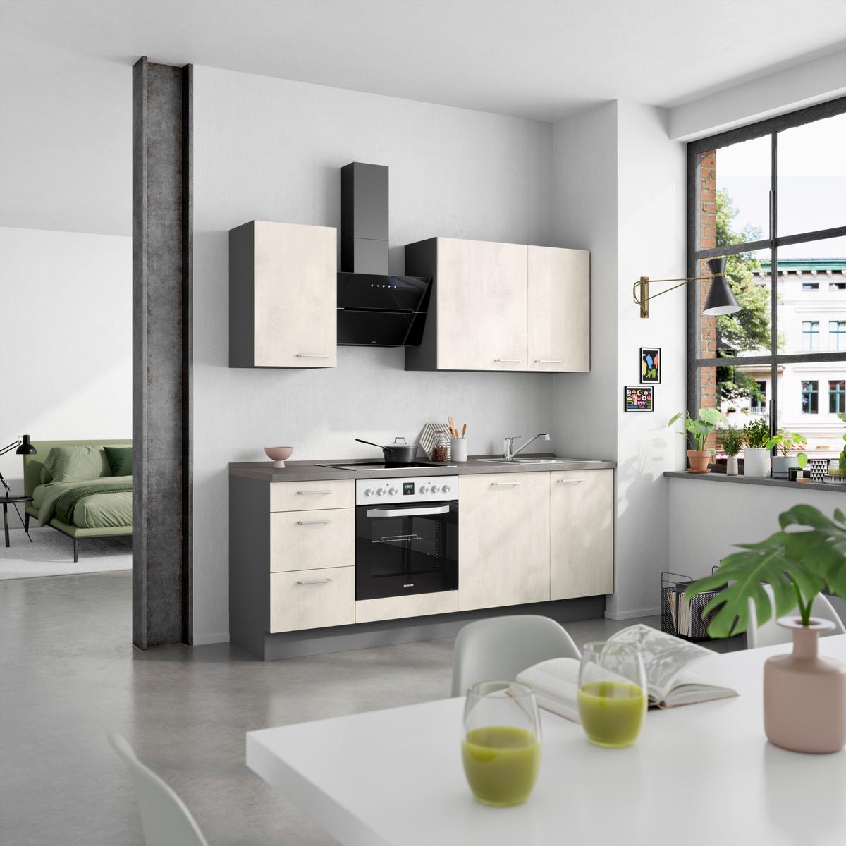 Kuchynská linka 210CM biely betón/ bridlicová šedá - biela/farba ušľachtilej ocele, Modern, kov/kompozitné drevo (210cm) - Nobilia