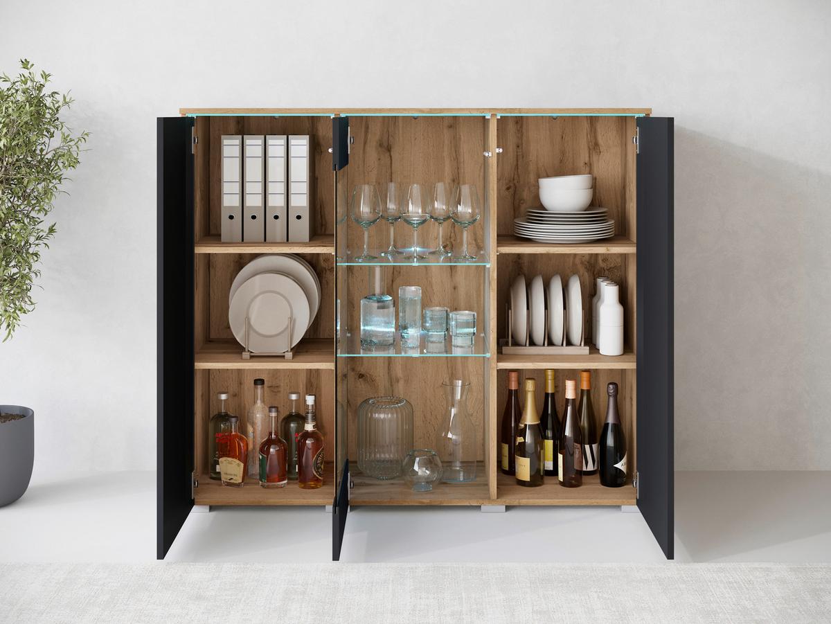 Highboard 120cm Vera Schwarz/Wotan Eiche - Schwarz Hochglanz/Eiche Wotan, Trend, Glas/Holzwerkstoff (120/103,3/39,5cm) - P & B