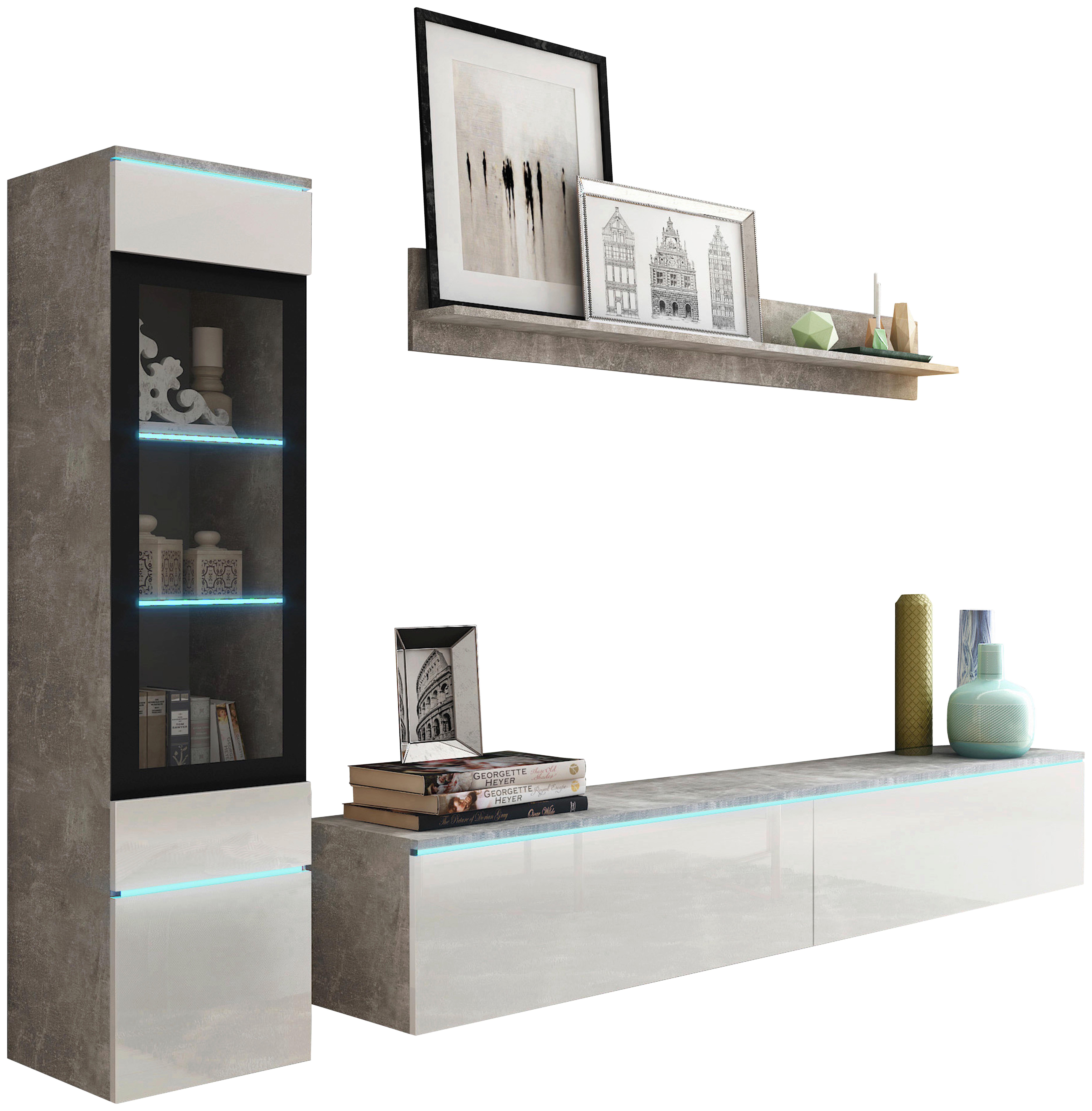 Obývaccí stěna VERA beton/bílá VL - šedá/vysoce lesklá bílá, Lifestyle, kompozitní dřevo/plast (210/130/33cm) - P & B