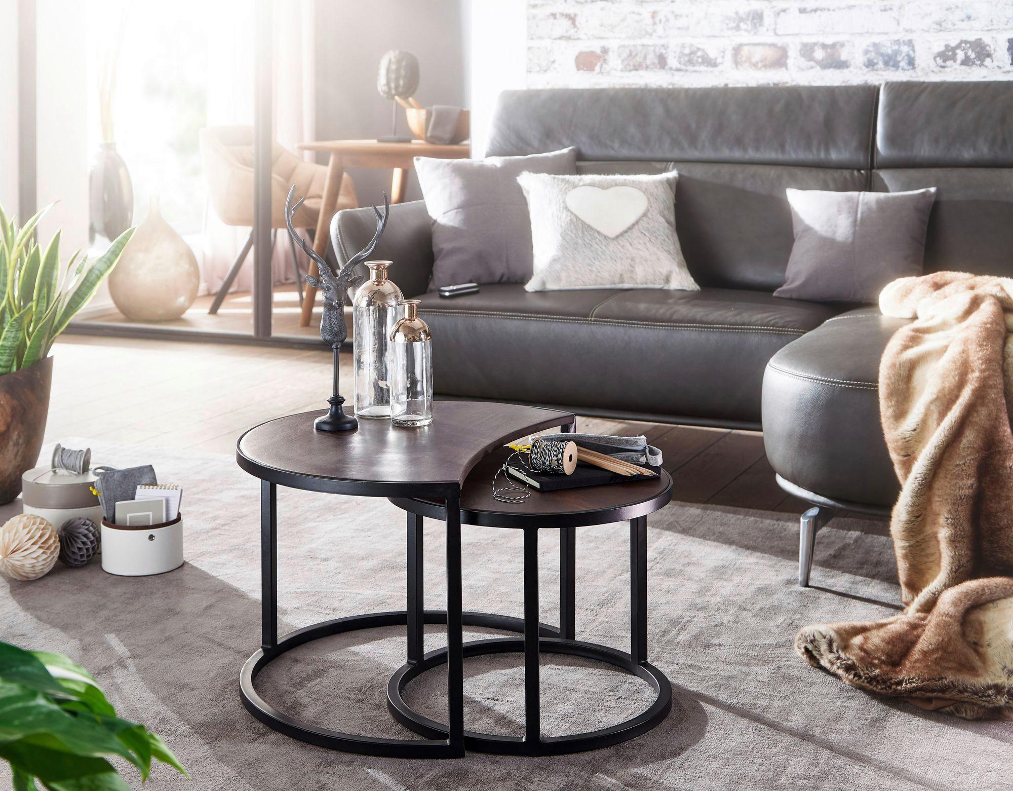 MID.YOU Couchtisch Rund Mangoholz Massiv 2-teilig Wohnling Braun