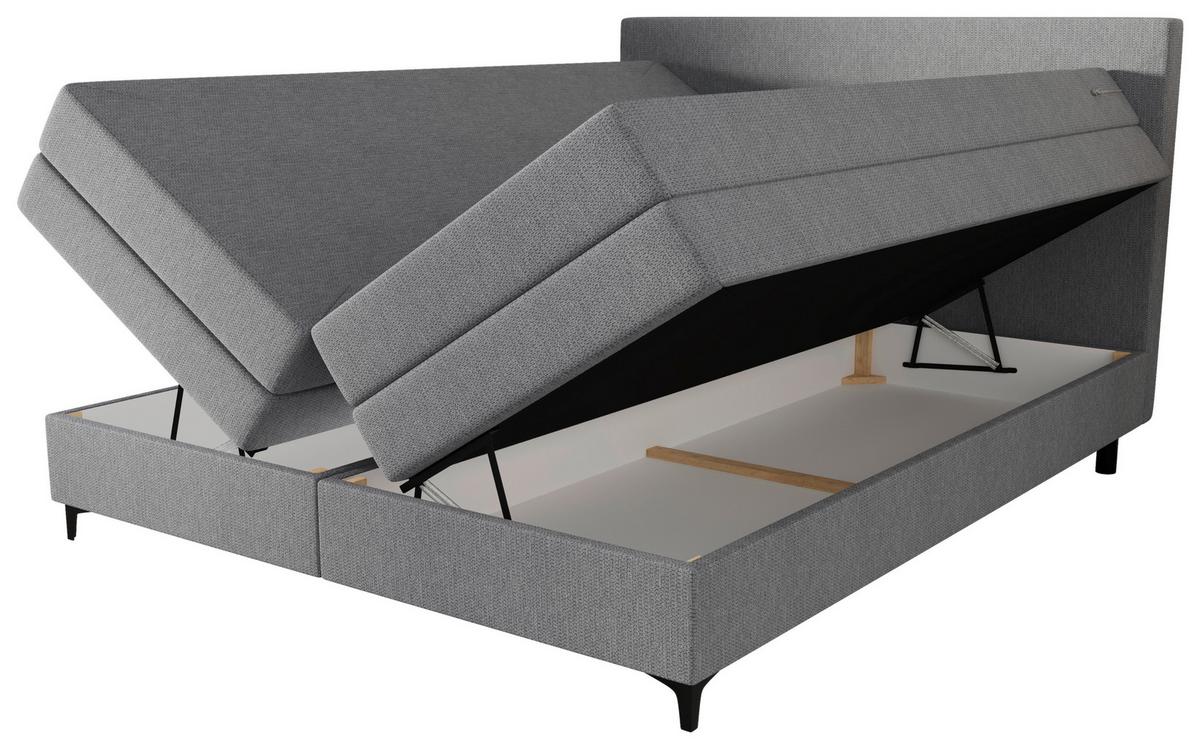 Boxspringbett mit Topper Taro grau, 160x200cm - Hellgrau/Schwarz, KONVENTIONELL, Textil/Metall (160/200cm)