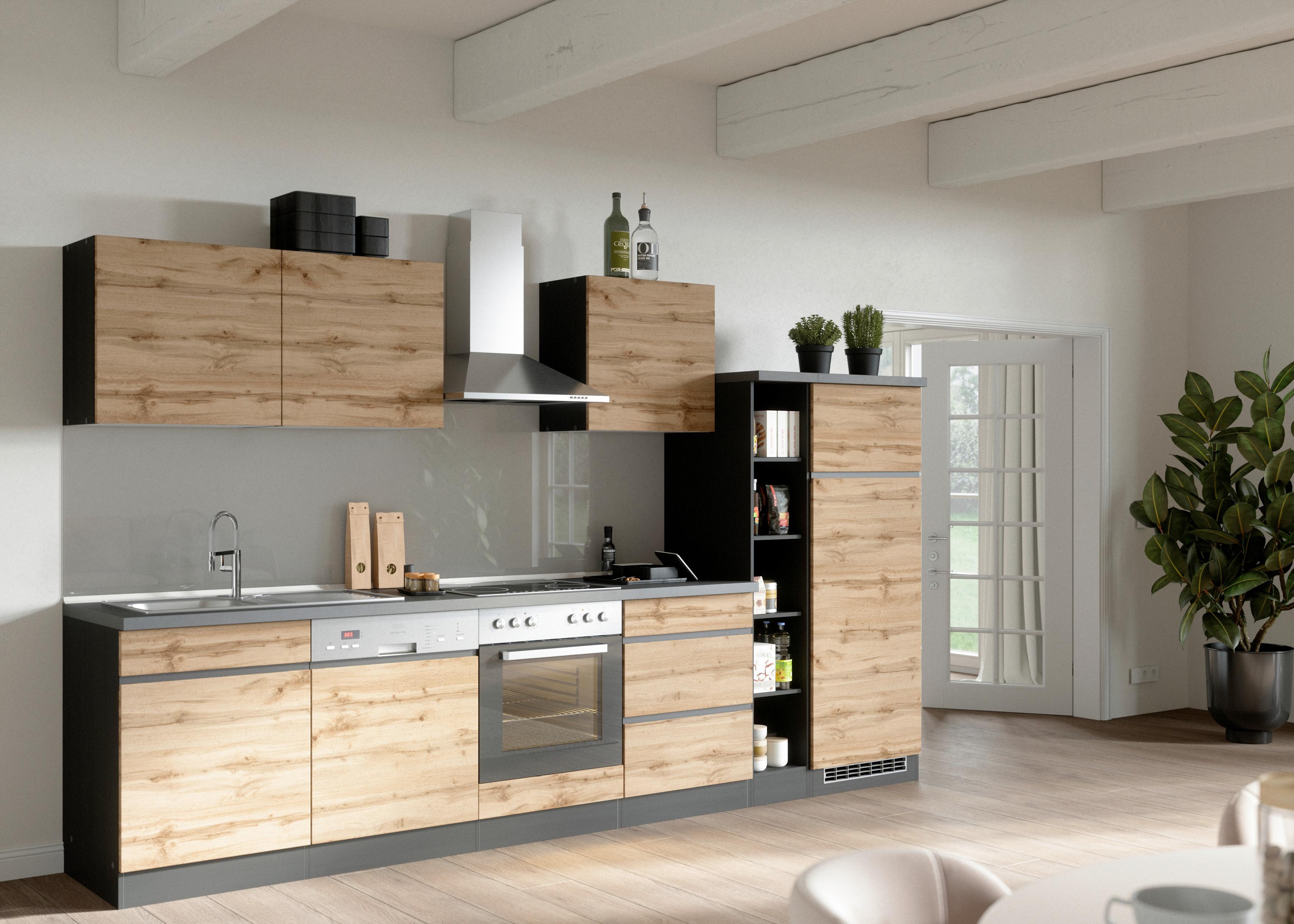 Küchenzeile Turin Mit Geräte B: 330 Cm Graphit/eiche Dekor - Eiche Wotan/Graphitfarben, Design, Holzwerkstoff (330cm) - Held