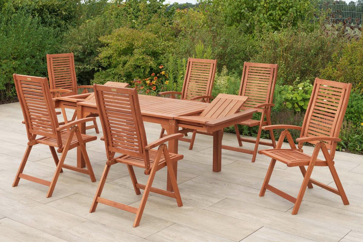 Gartentischgruppe Cordoba 7 -Teilig. Naturfarben - Eukalyptusholzfarben, KONVENTIONELL, Holz - Gardenson