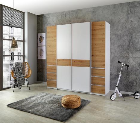 Mit Drehtüren und Schwebetüren Schwebetürenschrank mit Drehtühren in Weiß und Eiche Dekor