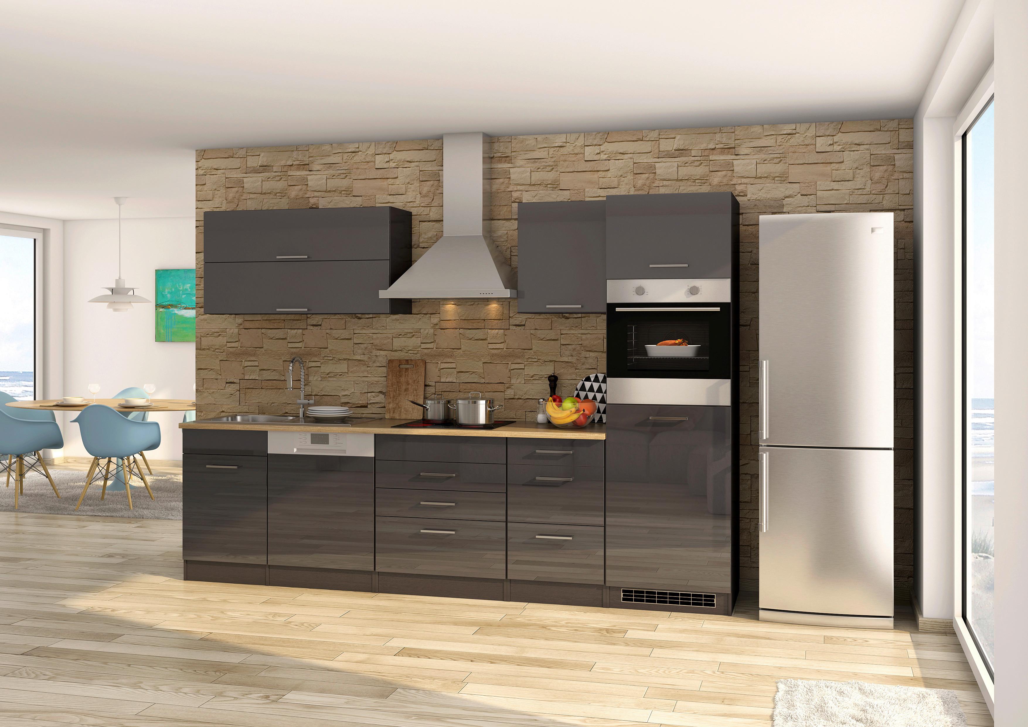 Küchenzeile Mailand mit Geräten 300 cm Anthrazit Elegant - Eichefarben/Anthrazit, MODERN, Holzwerkstoff (300cm) - Held