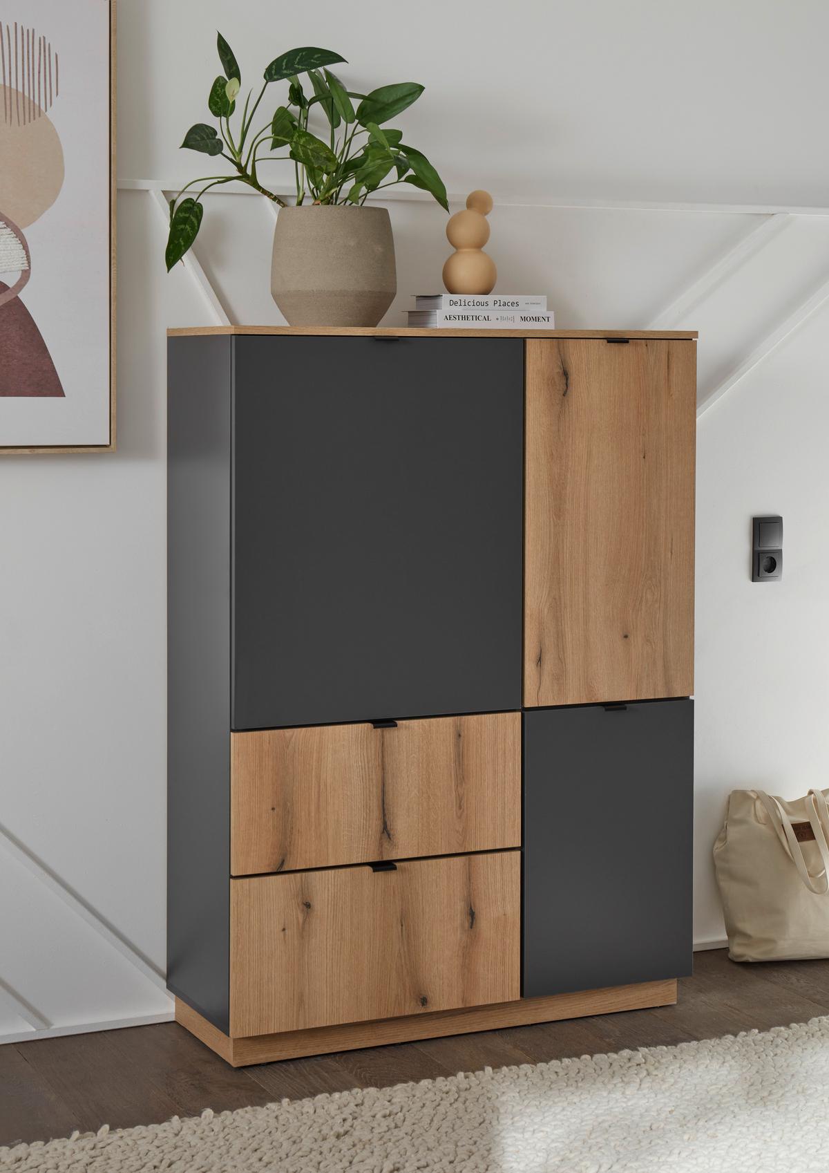 Highboard Vince II B: 191 cm Anthrazit/Evoke Oak Dekor - Eichefarben/Anthrazit, Trend, Holzwerkstoff (191/100/38cm) - Livetastic