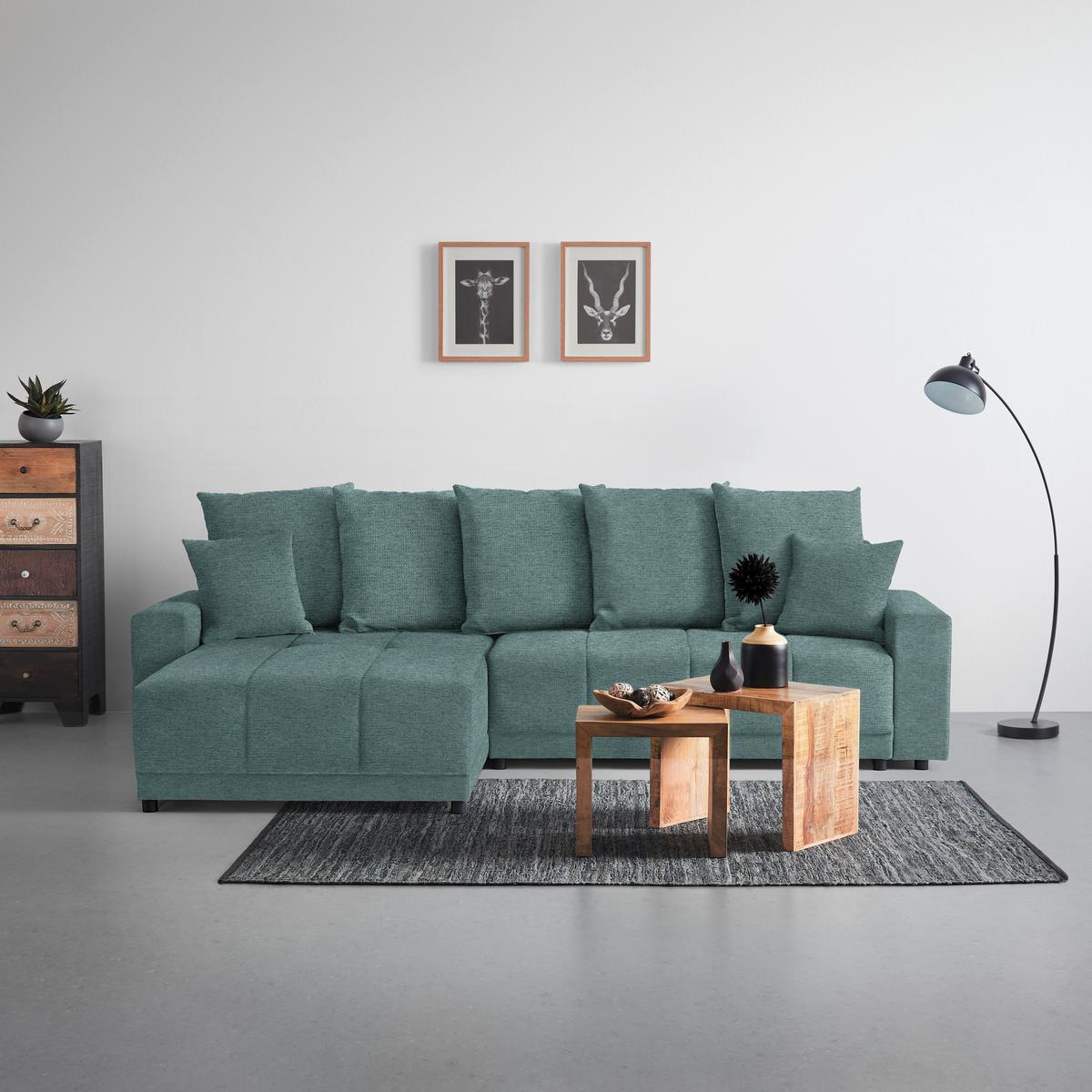 Rohová sedačka ALATRI, oboust.,petrolejová,s polštáři - petrolej/černá, Moderní, textil/plast (289/90/176cm) - Based