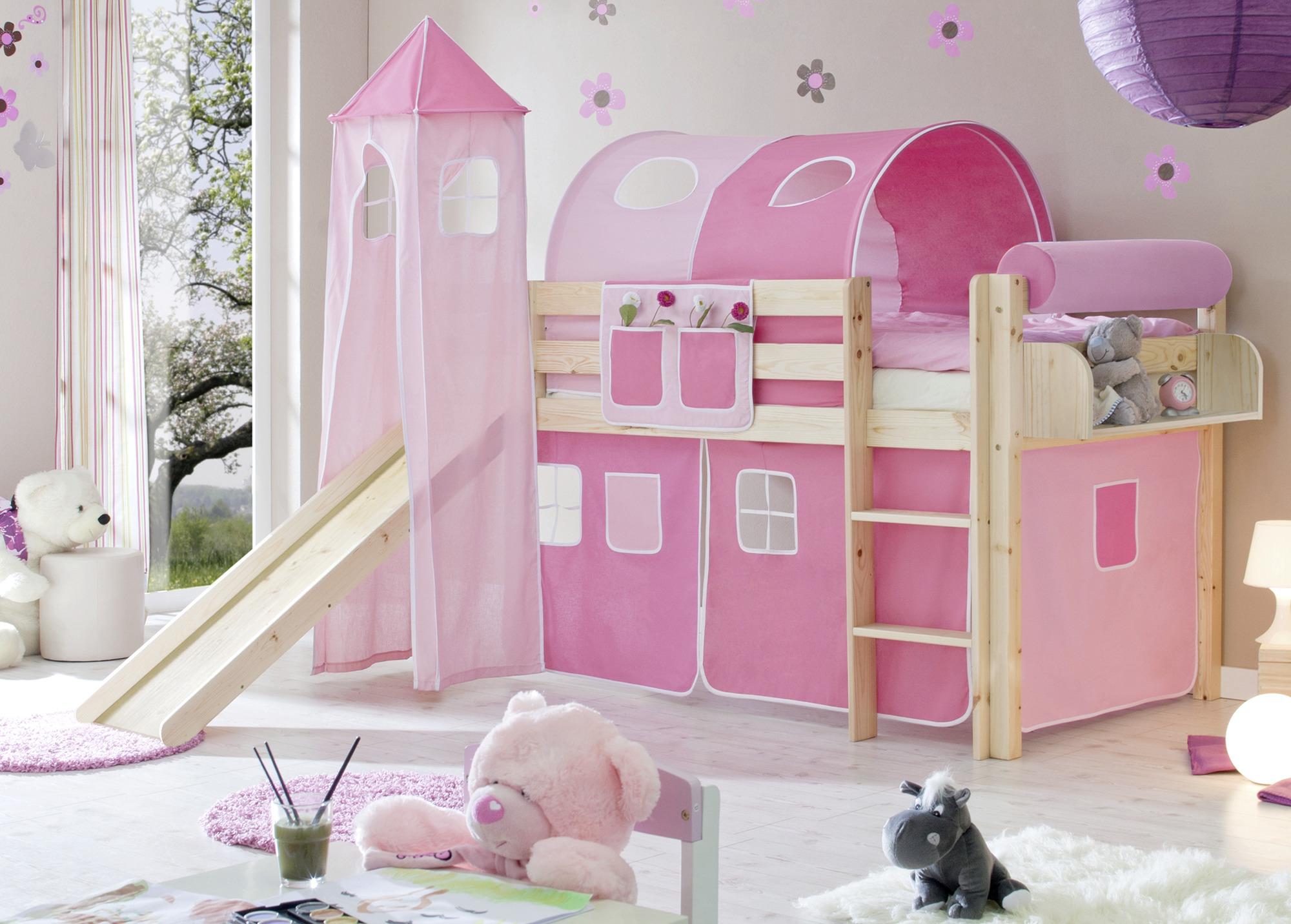 Spielbett Kasper Rosa Kiefer Massiv 90 Cm Leiter Turm - Hellrosa/Rosa, Natur, Holz (90/200cm) - MID.YOU