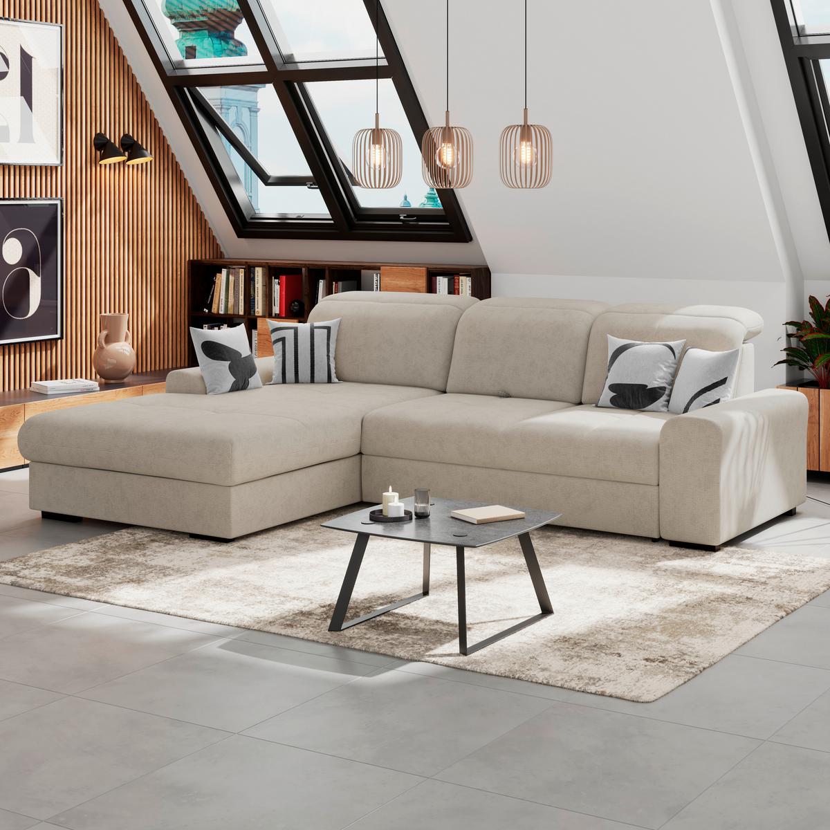 Ecksofa mit Bettfunktion Malaga new Chenille hellgrau - Hellgrau/Schwarz, KONVENTIONELL, Textil (203/286cm) - Ondega