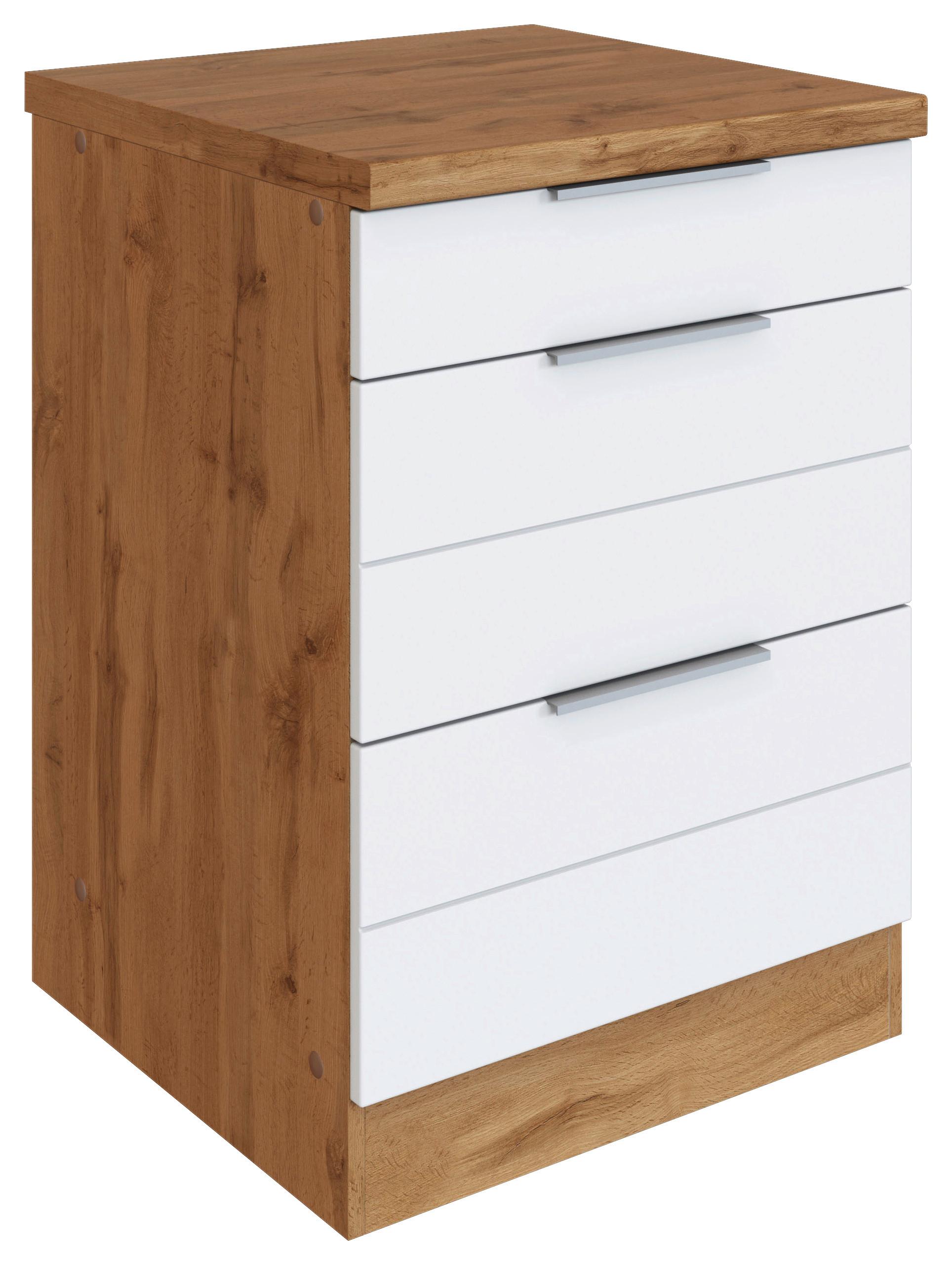 Küchenunterschrank Florenz B: 60 cm Weiß/Eiche Dekor 3 Laden