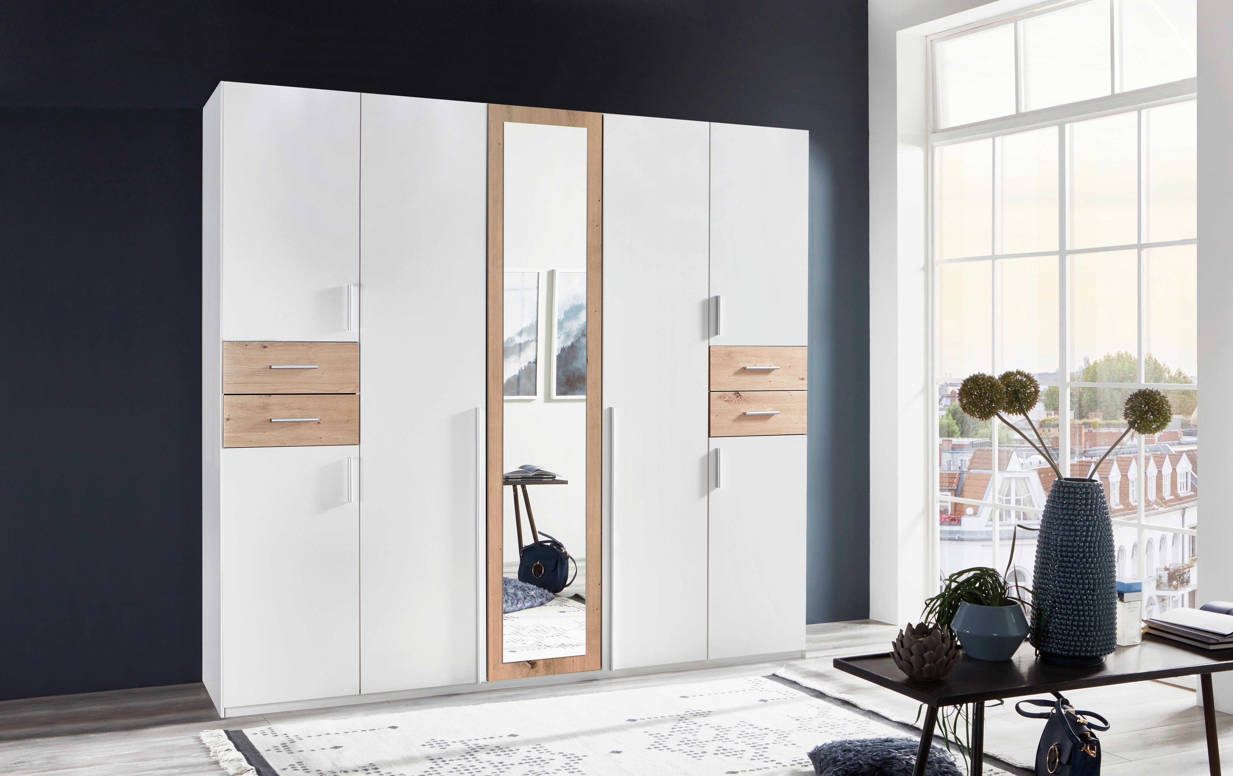Drehtürenschrank Mit Spiegel + Laden B: 225 cm Vegas, Weiß - Eiche Artisan/Weiß, Basics, Holzwerkstoff (225/208/58cm) - MID.YOU