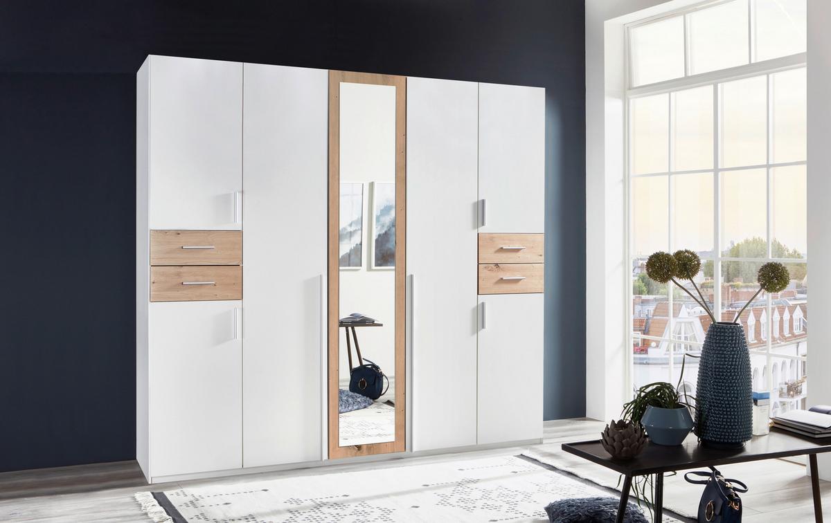 Drehtürenschrank Mit Spiegel + Laden B: 225 cm Vegas, Weiß - Eiche Artisan/Weiß, Basics, Holzwerkstoff (225/208/58cm) - MID.YOU