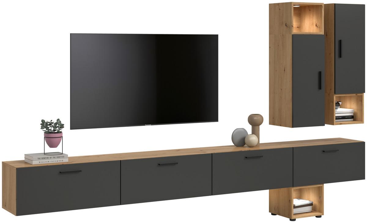 Wohnwand, The One 7, B: 300 cm Grau/Artisan Eiche Dekor - Schwarz/Eiche Artisan, Trend, Holzwerkstoff (300/178/34cm)
