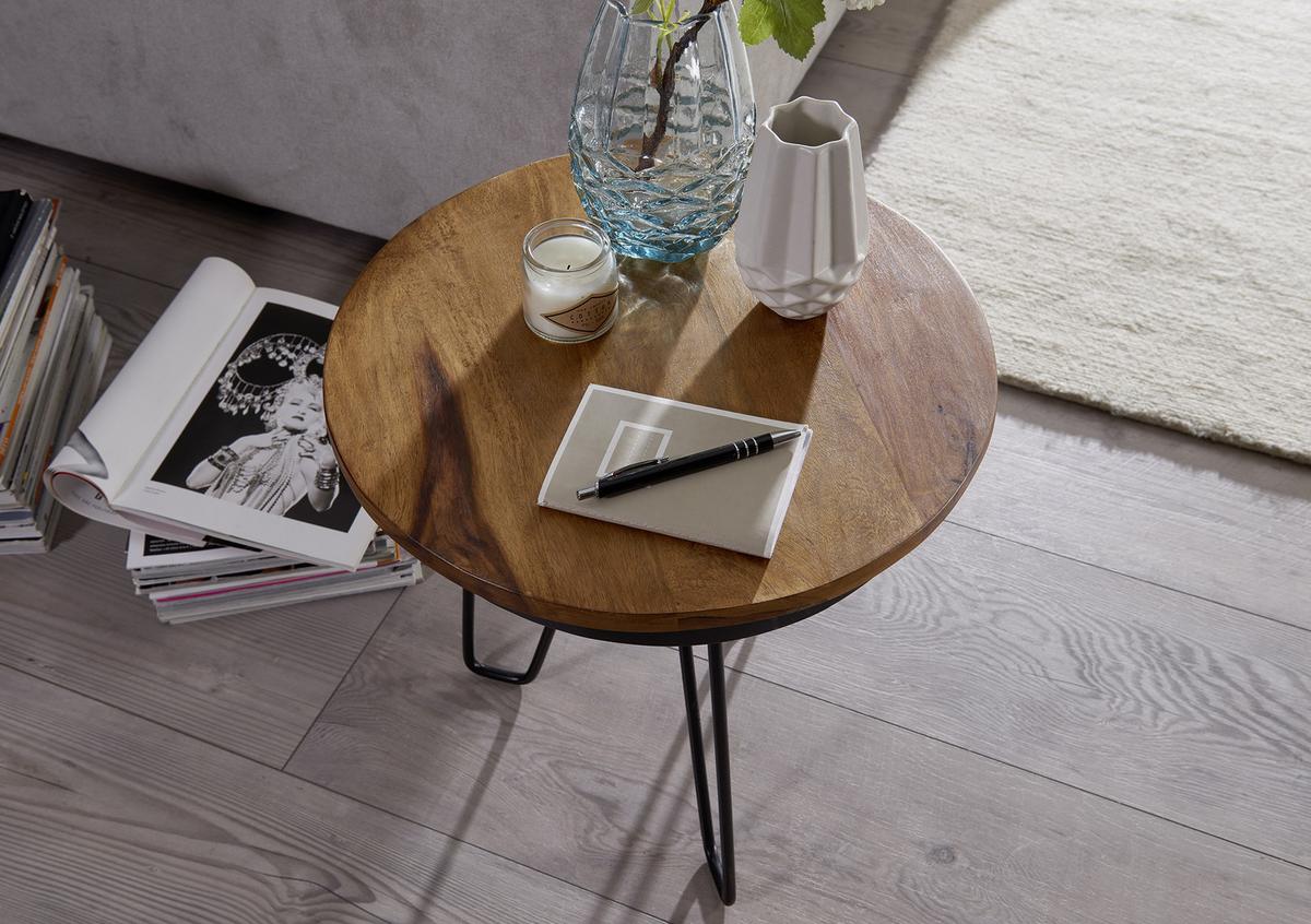 Beistelltisch mit Holzplatte Rund, Sheesham/Schwarz - Sheeshamfarben/Schwarz, Design, Holz/Metall (43/43/45cm) - MID.YOU