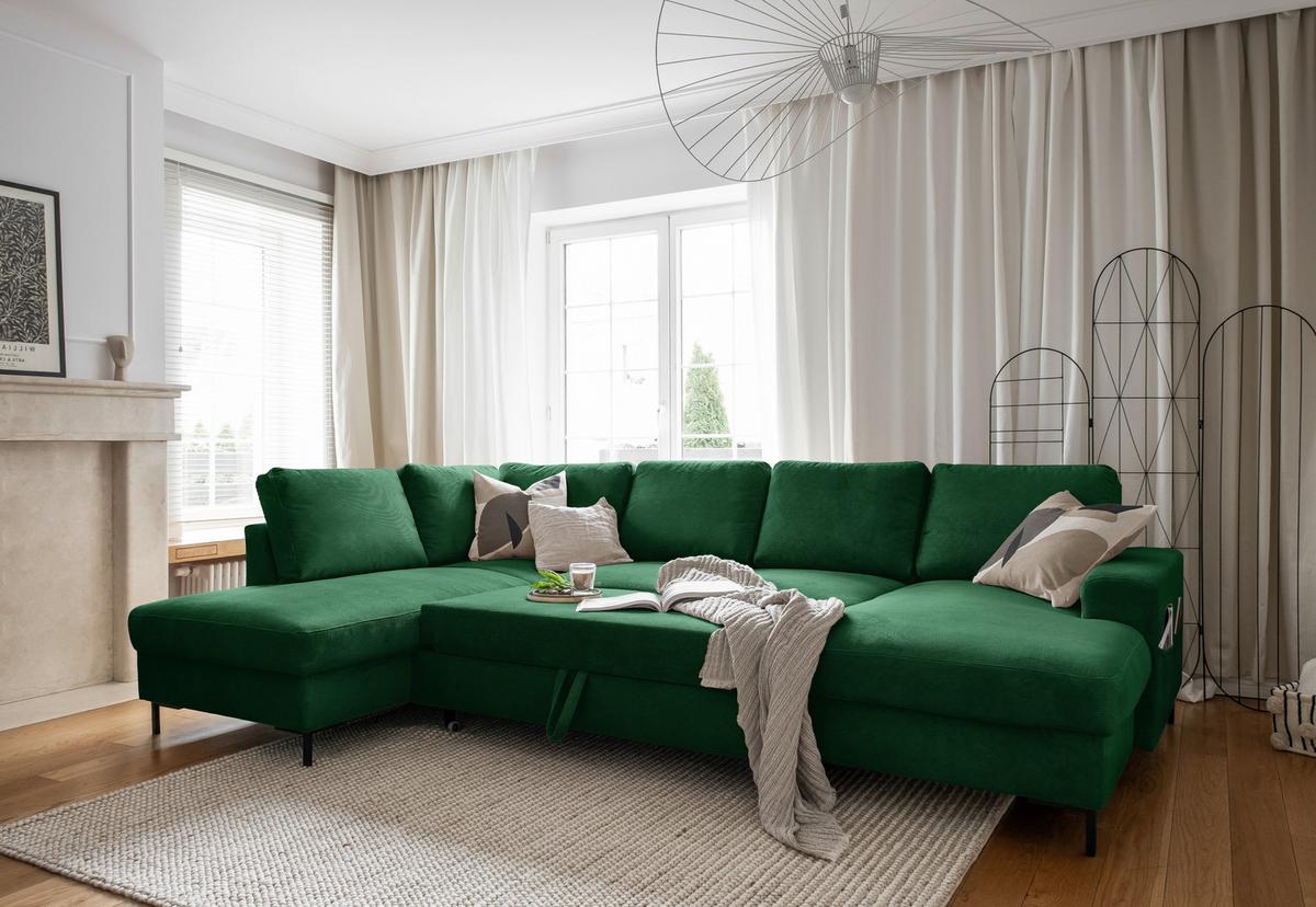 Sedačka LEONIE U, ľavá, smargdovozelený menčester - čierna/smaragdovozelená, Design, kov/drevo (197/303/148cm)