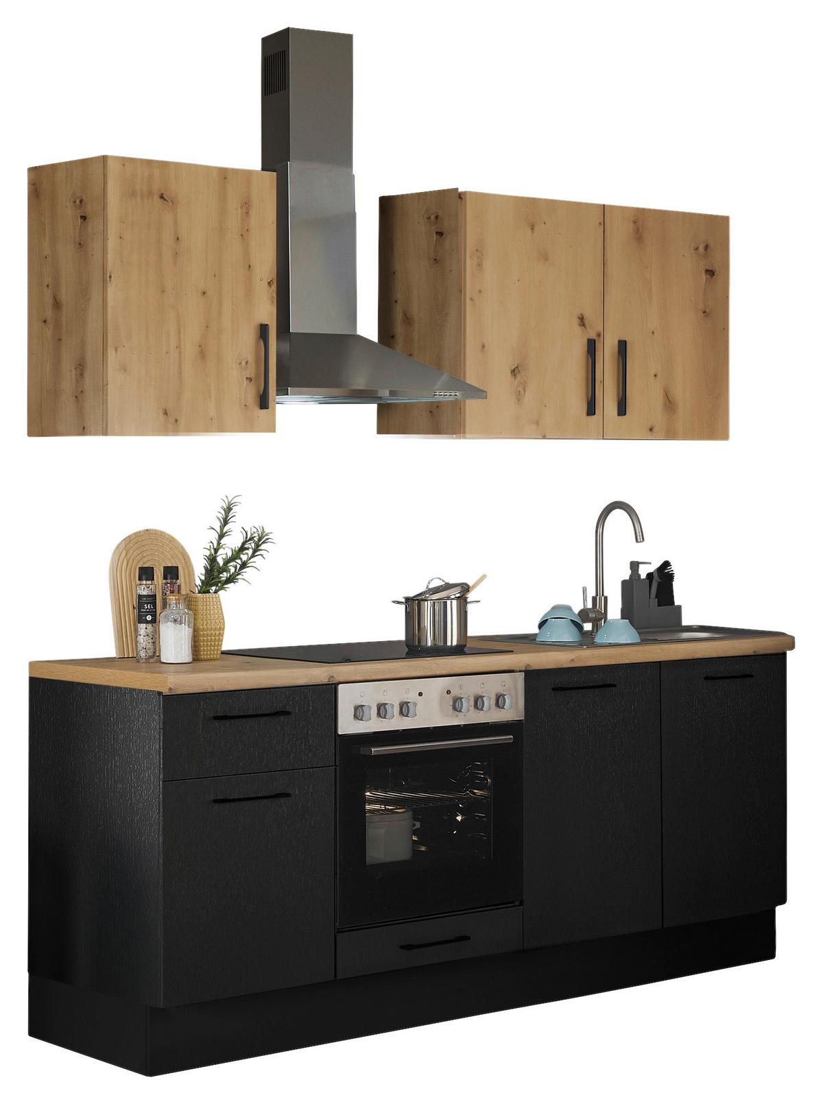 Küchenblock Turin Schwarz/Eiche Dekor B: 210 cm - Schwarz/Eiche Artisan, Basics, Holzwerkstoff (210cm) - MID.YOU