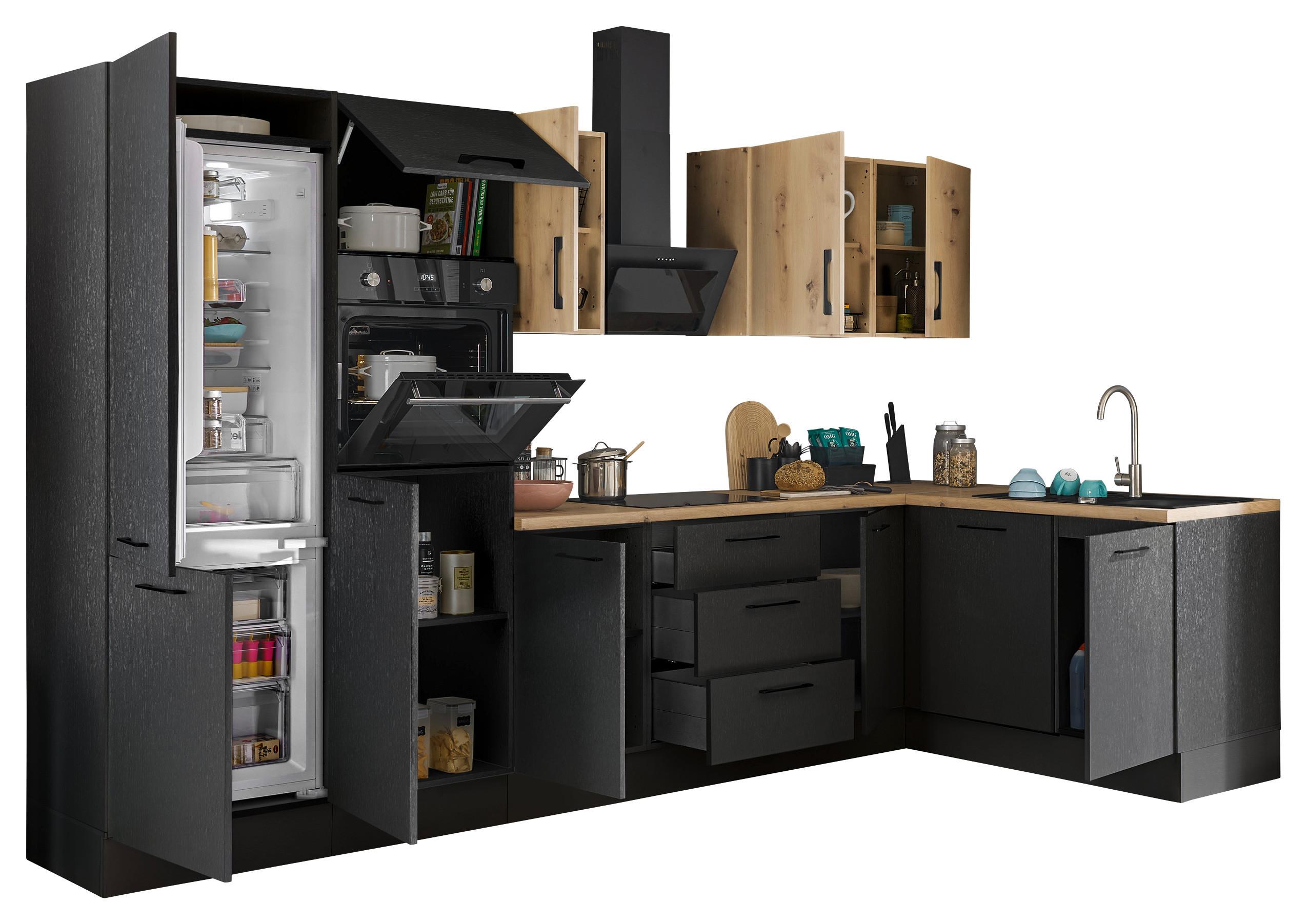 Eckküche Turin Schwarz/eiche Dekor 340x175 Cm - Schwarz/Eiche Artisan, Basics, Holzwerkstoff (340/175cm) - MID.YOU